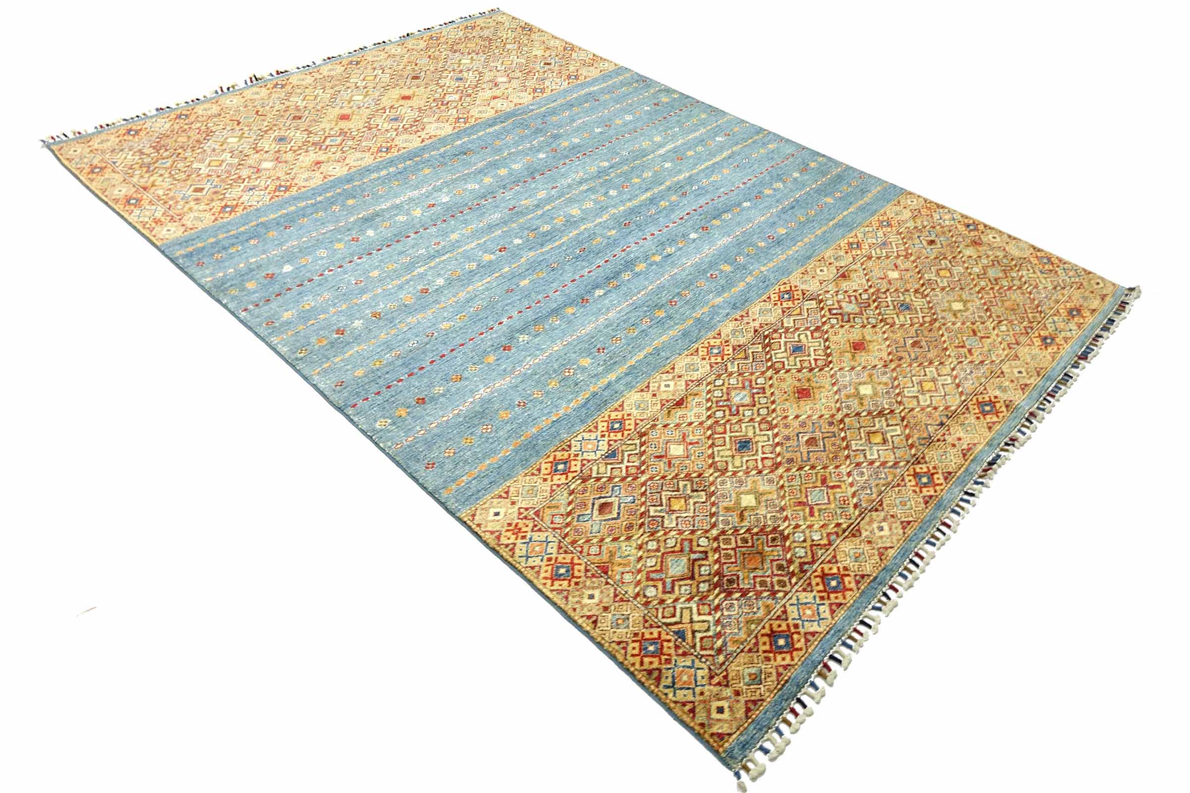 Afghan Khorjin Shaal 200x300 Handgeknüpft Orientteppich Blau Streifen Wolle