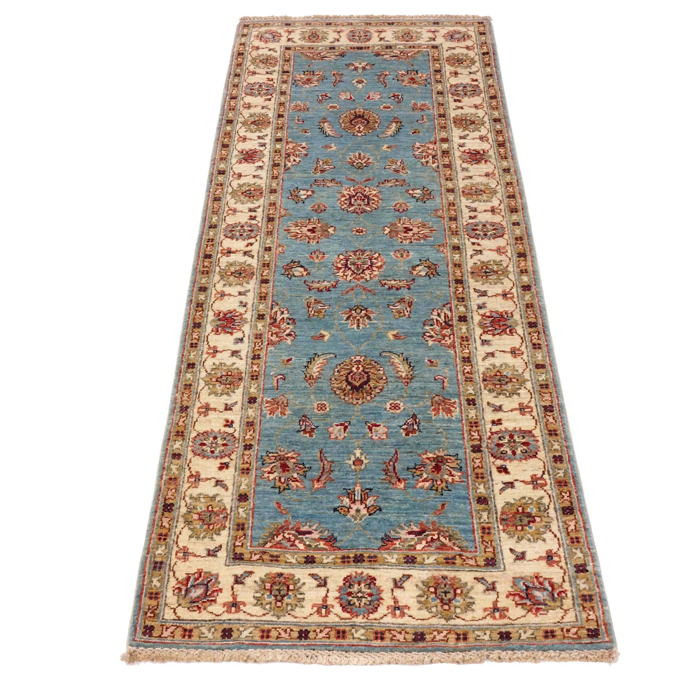Chobi Ziegler Teppich 80x210 Handgeknüpft Läufer Blau Floral Orientalisch UNIKAT