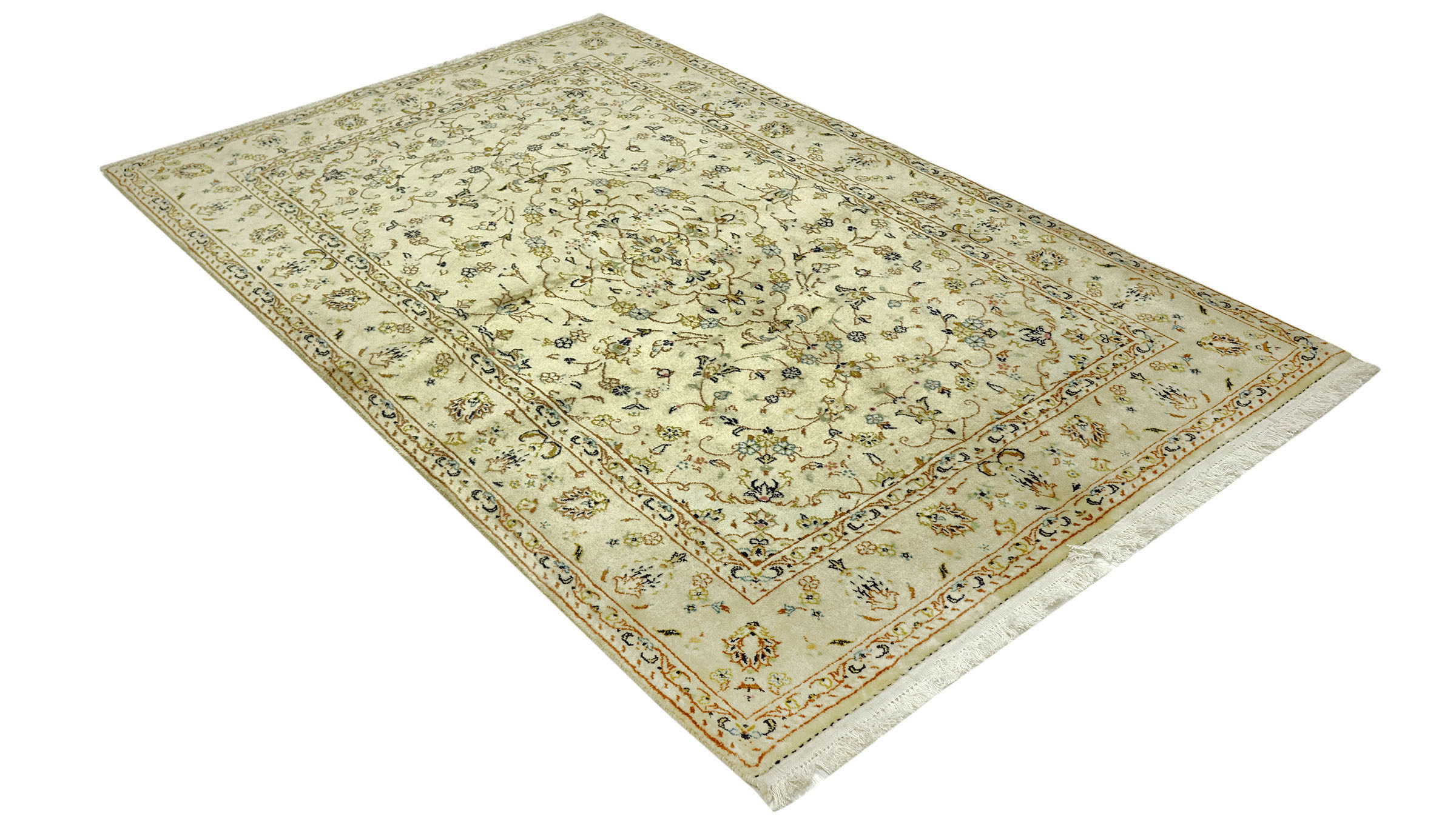 Perserteppich Keshan Teppich 140x220 Handgeknüpft Beige Medaillon Orient Kurzflor