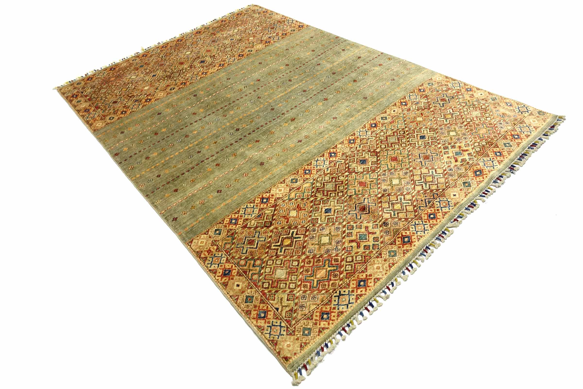 Afghan Khorjin Shaal 200x300 Handgeknüpft Orientteppich Grau Streifen Wolle