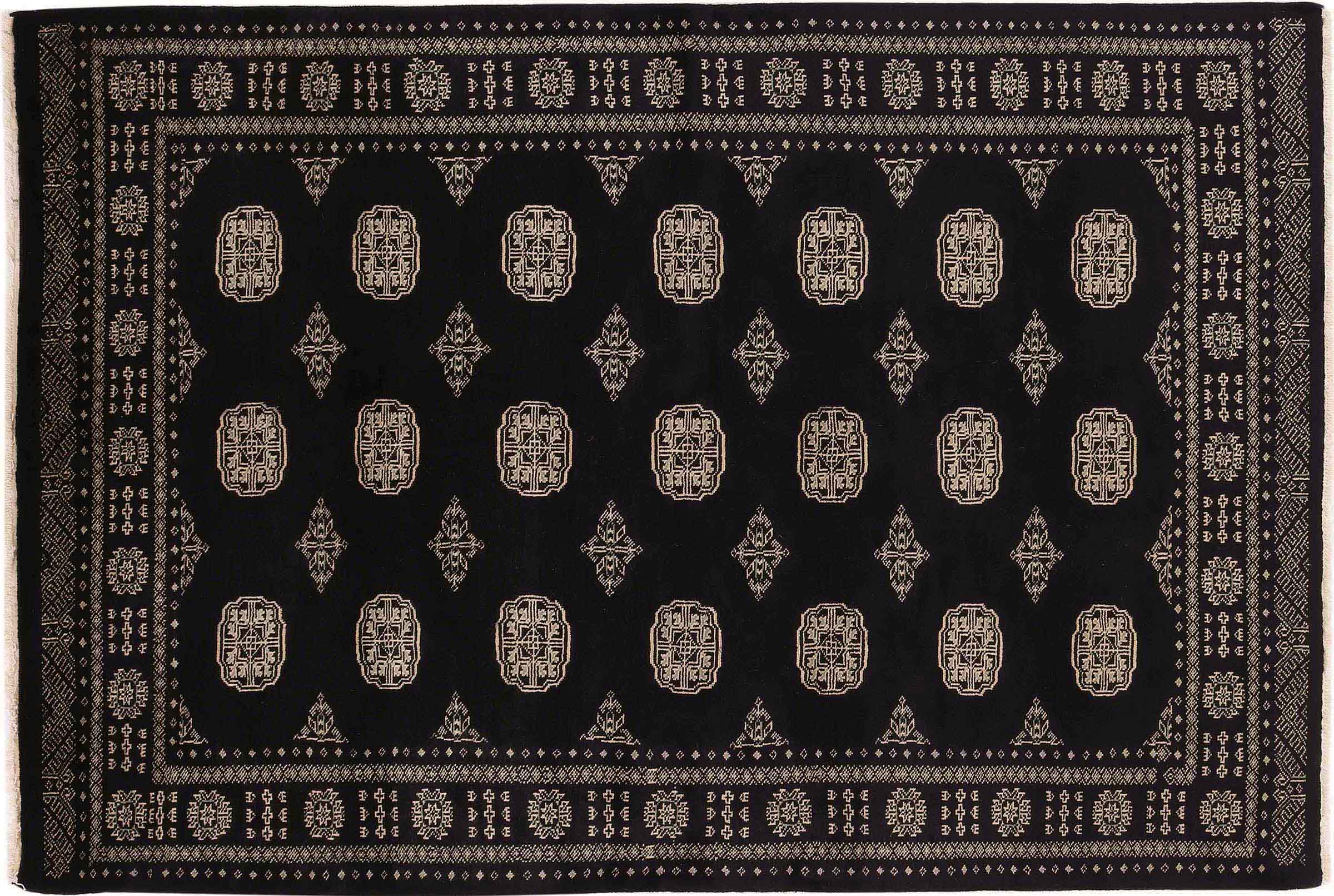 Pakistan Buchara 3ply Teppich 140x200 Handgeknüpft Schwarz Geometrisch Orient Kurzflor