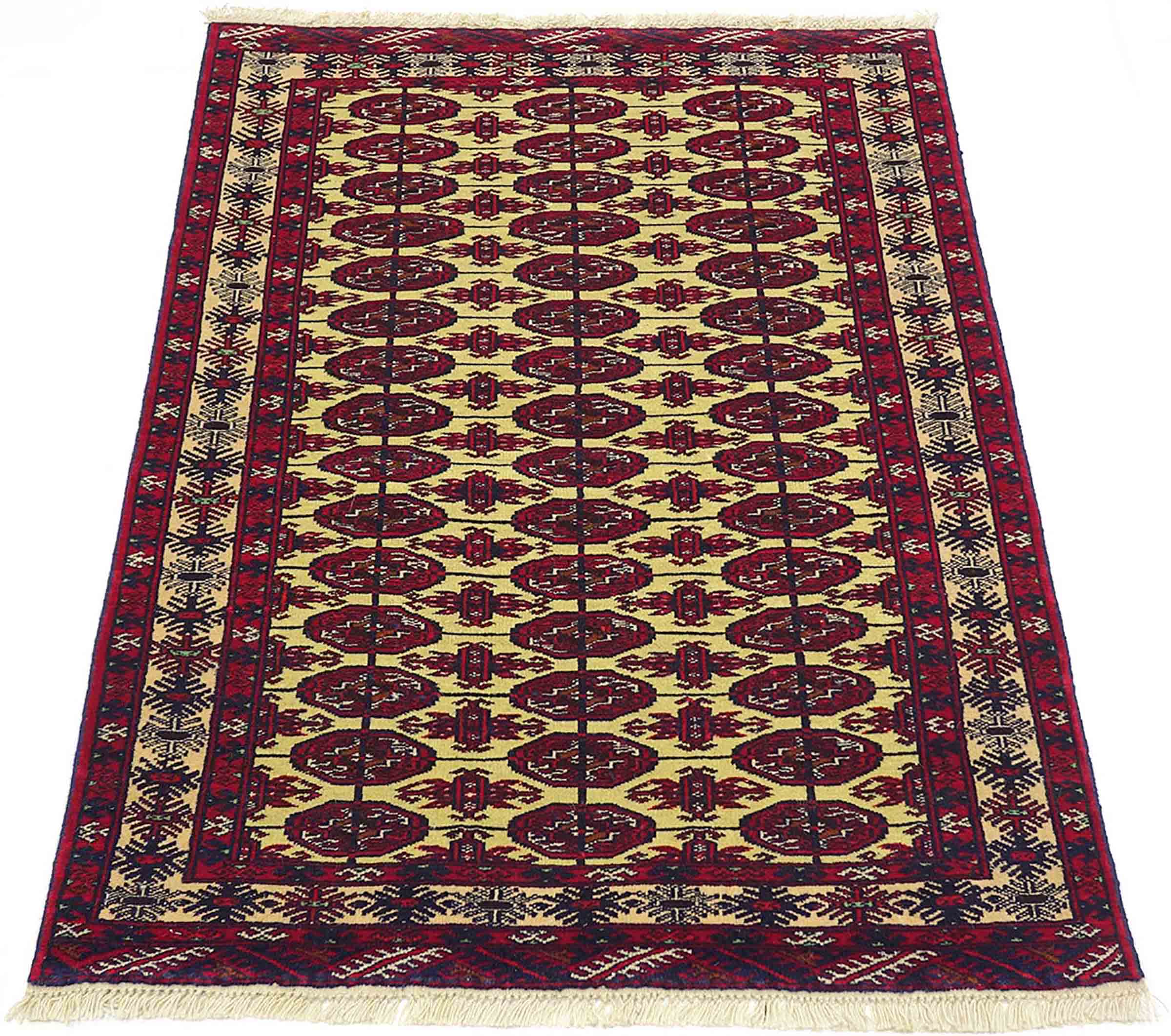 Afghan Teppich 80x120 Handgeknüpft Beige Geometrisch Orient Kurzflor Wohnzimmer
