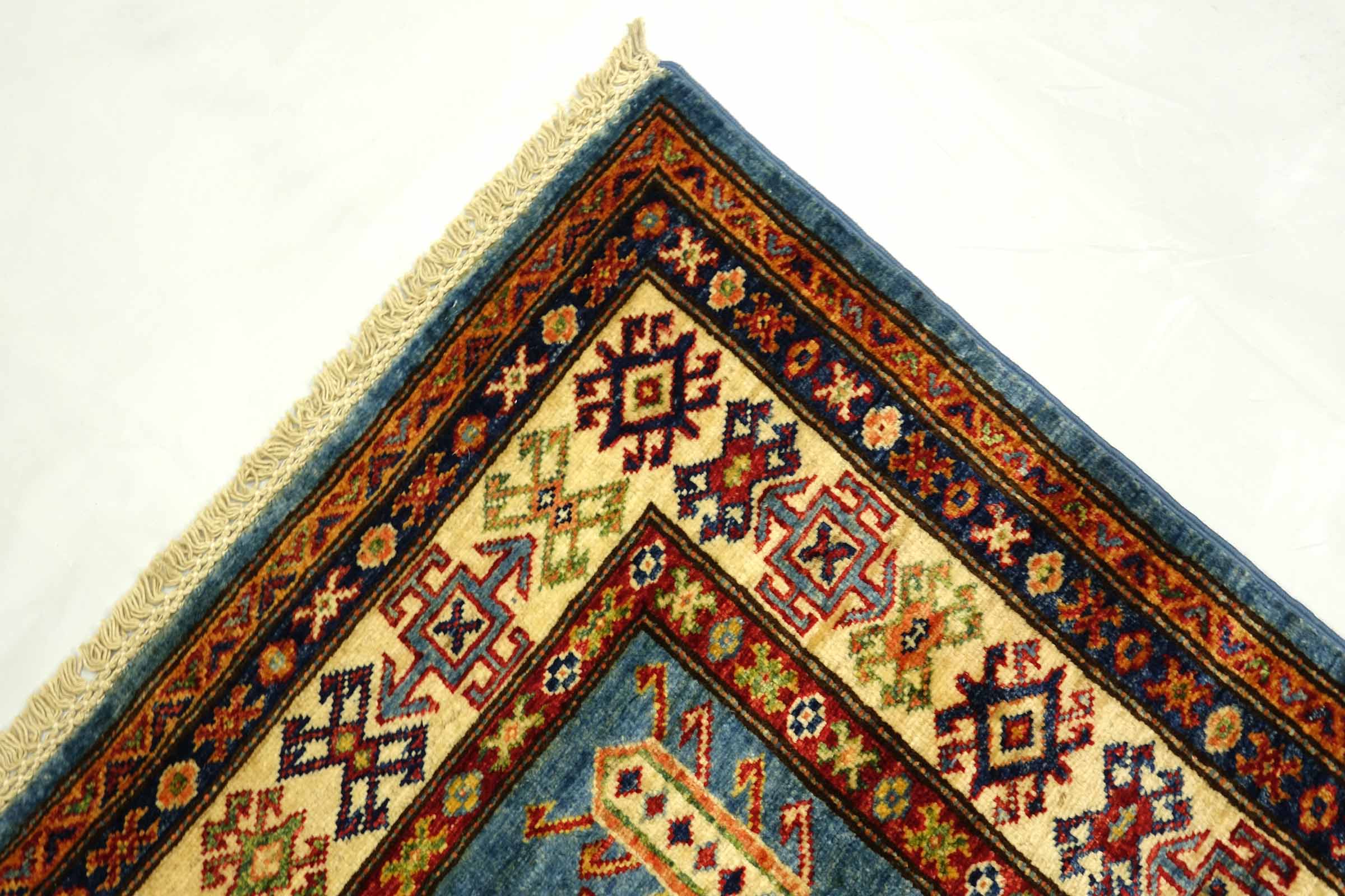 Afghan Kazak Fein 100x150 Handgeknüpft Orientteppich Blau Umrandung Wolle