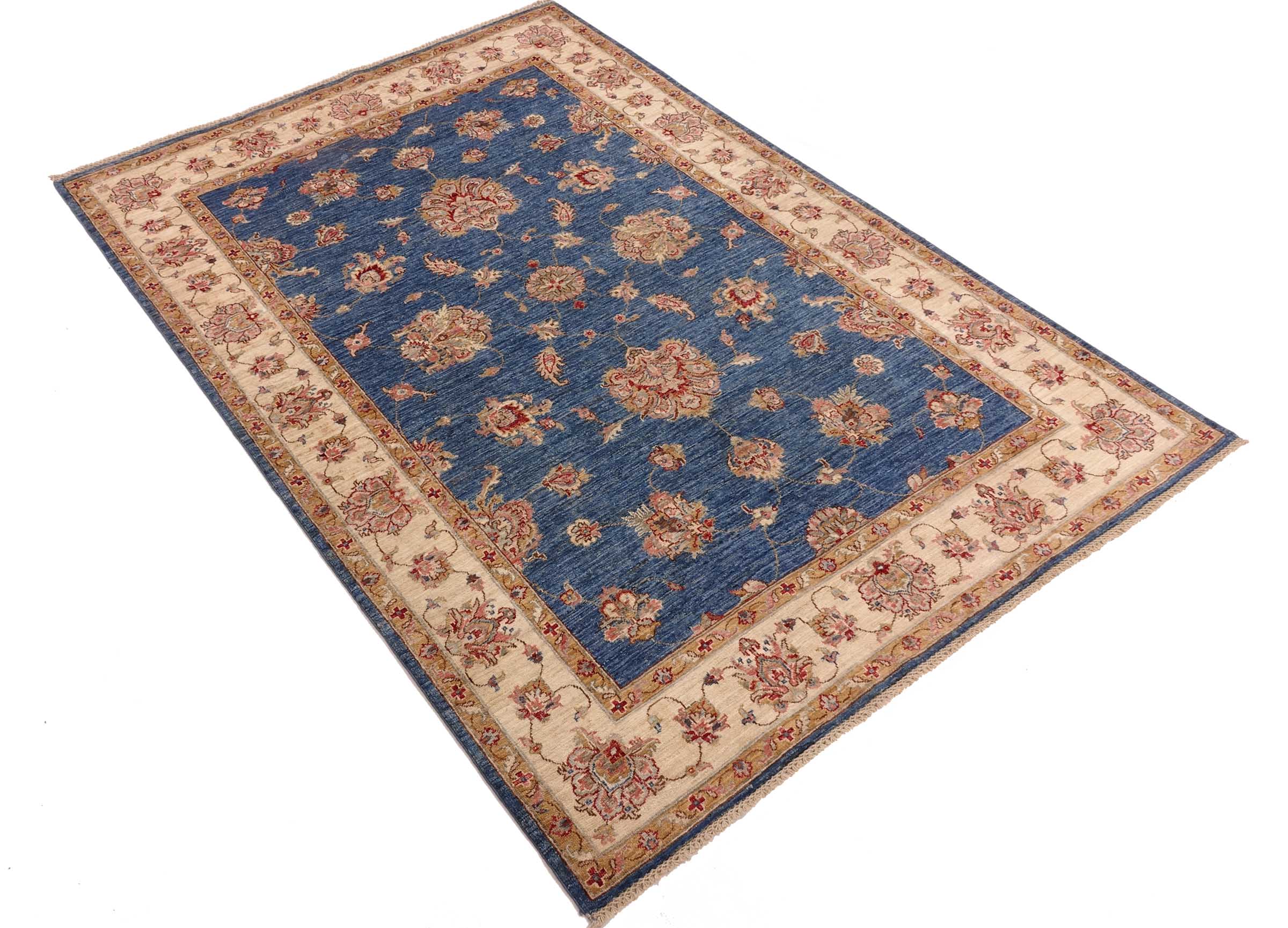 Chobi Ziegler Teppich 170x240 Handgeknüpft Blau Floral Orientalisch UNIKAT Kurzflor
