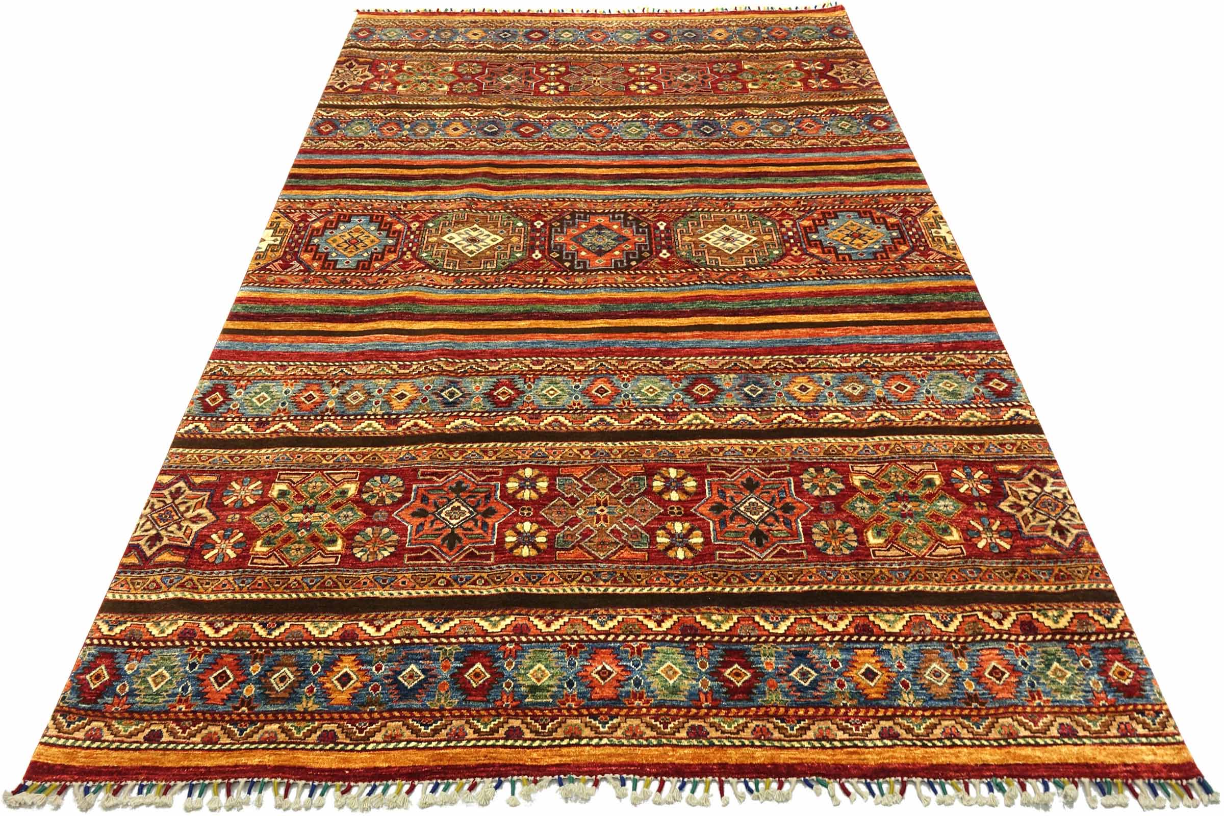 Afghan Khorjin Shaal 220x300 Handgeknüpft Orientteppich Rot Streifen Wolle
