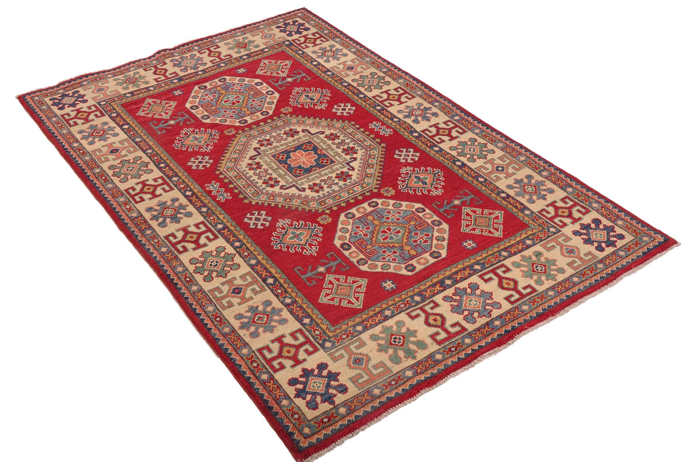 Kazak Teppich 120x180 Handgeknüpft Rosa Geometrisch Orientalisch UNIKAT Kurzflor