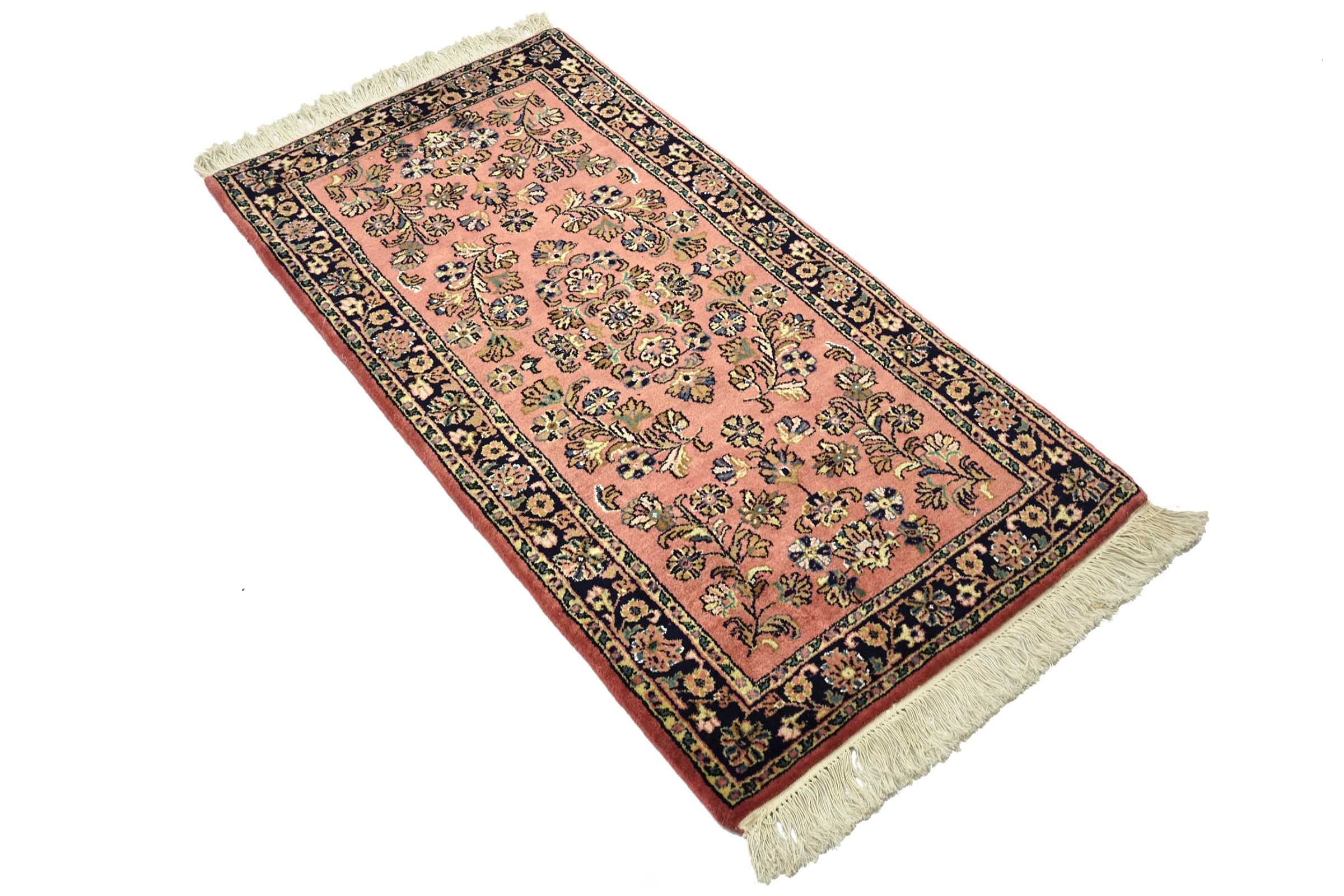 Sarough Teppich 70x140 Handgeknüpft Rosa Floral Wolle Kurzflor Rug