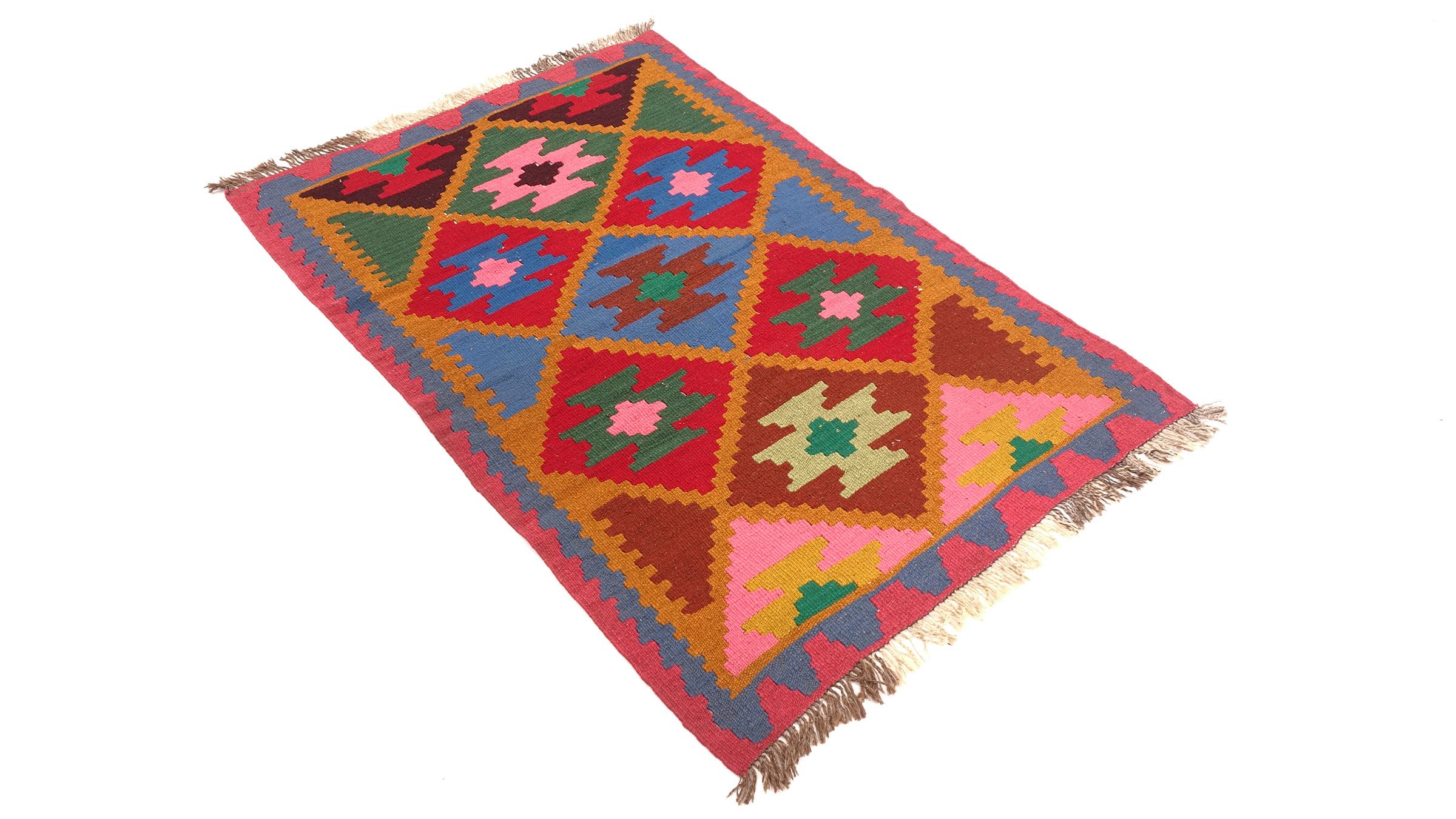 Perserteppich Kelim Ardebil 100x150 Handgewebt Rosa Geometrisch Handarbeit Zimmer