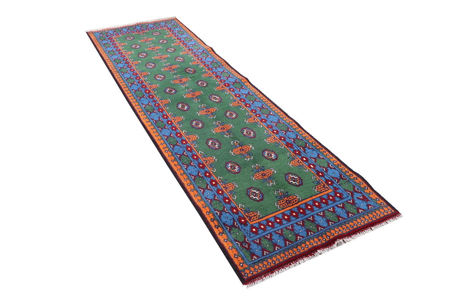 Afghan Akcha Rang Dar Teppich 80x300 Handgeknüpft Läufer Grün Durchgemustert Orient