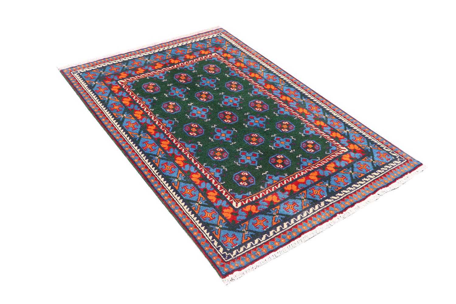 Afghan Akcha Rang Dar Teppich 100x150 Handgeknüpft Grün Durchgemustert Orient Kurzflor