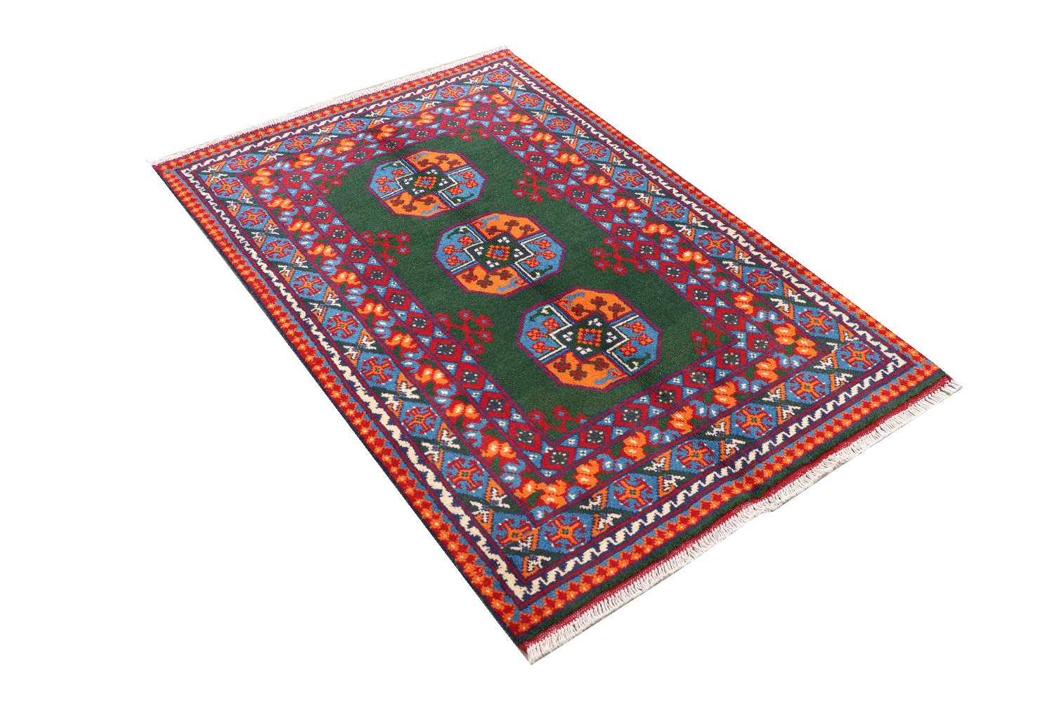 Afghan Akcha Rang Dar Teppich 100x150 Handgeknüpft Grün Durchgemustert Orient Kurzflor