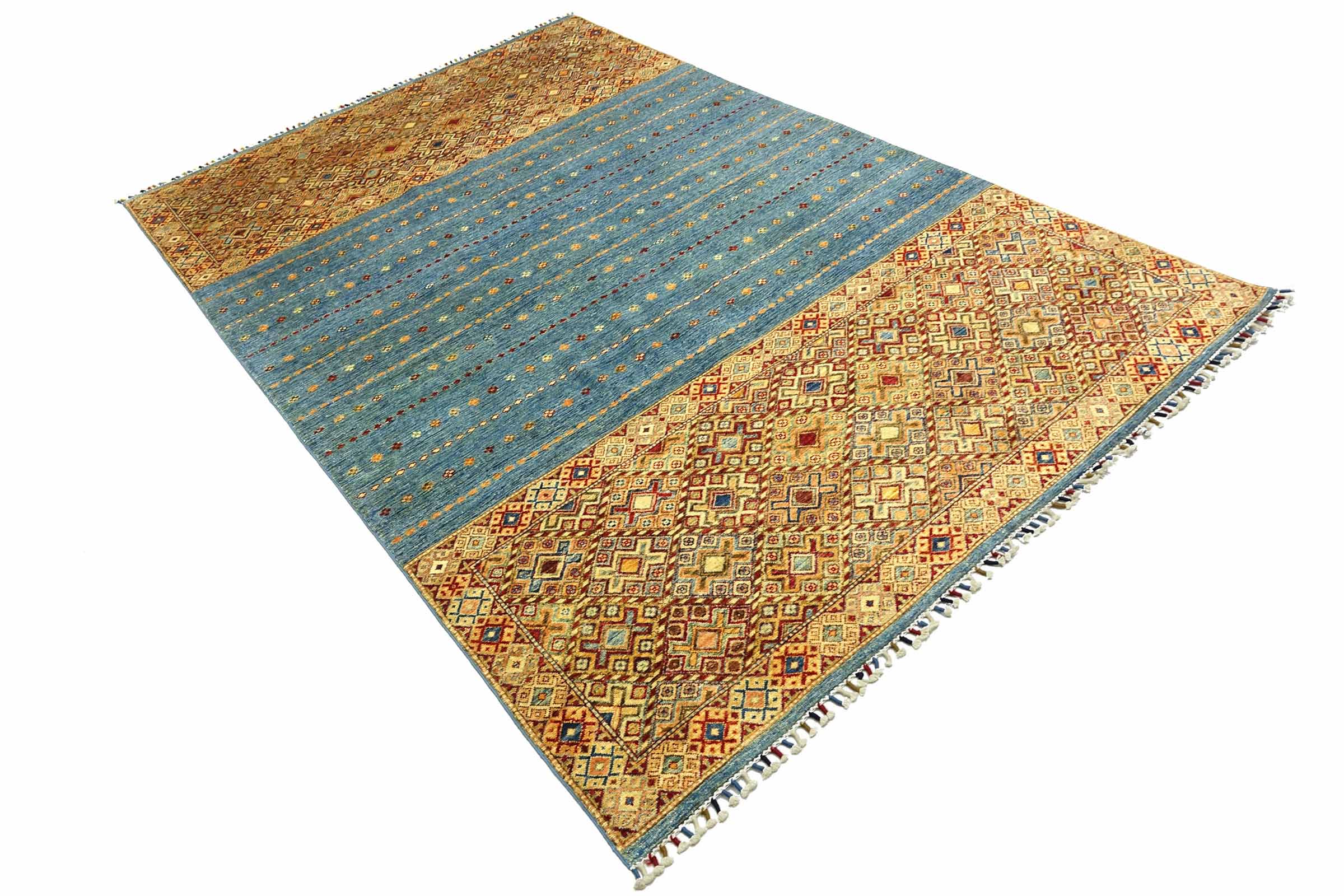 Afghan Khorjin Shaal 200x300 Handgeknüpft Orientteppich Blau Streifen Wolle