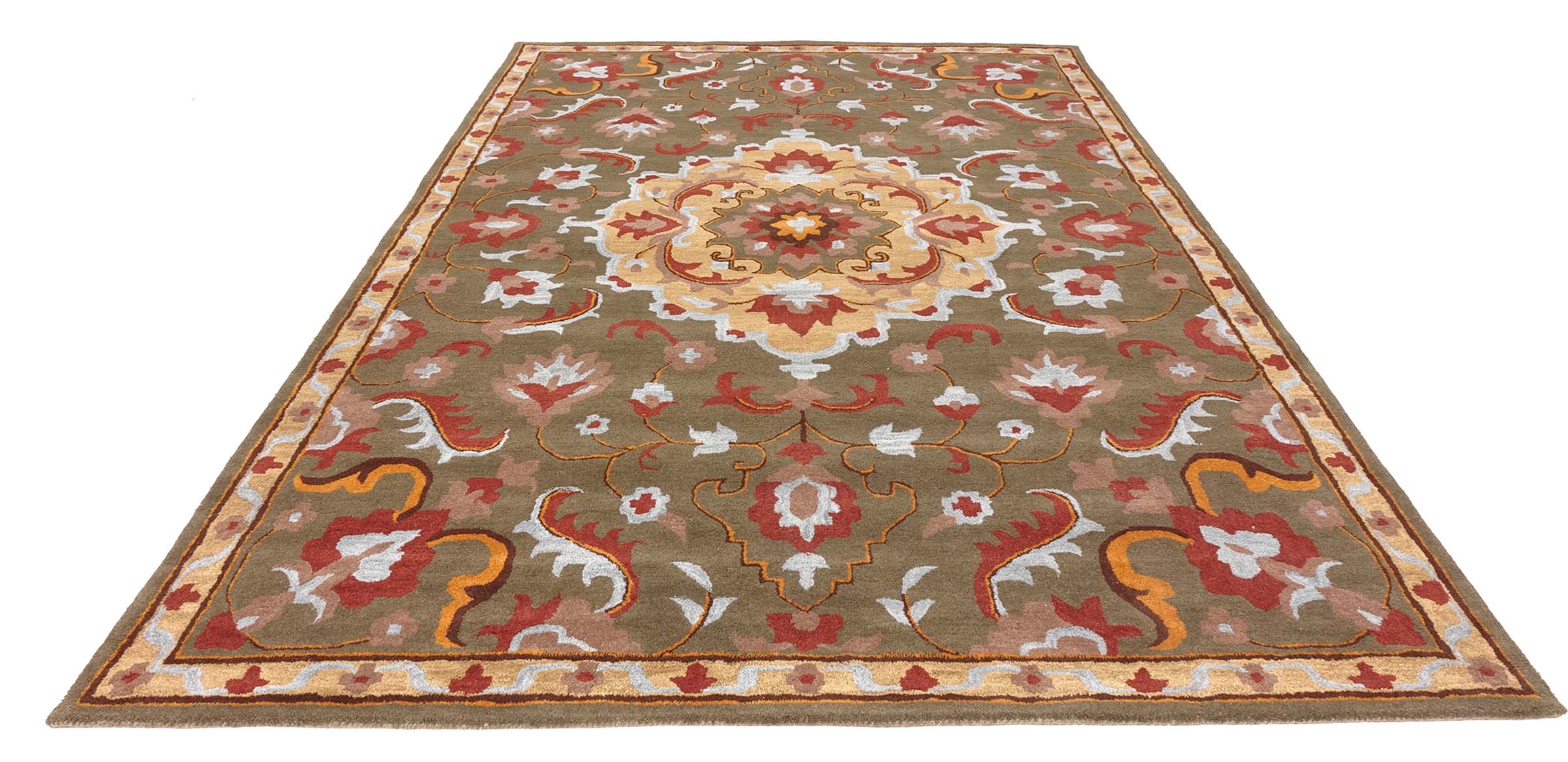 Handgefertigter Teppich 200x300 Grün Medaillon Handarbeit Handtuft Modern