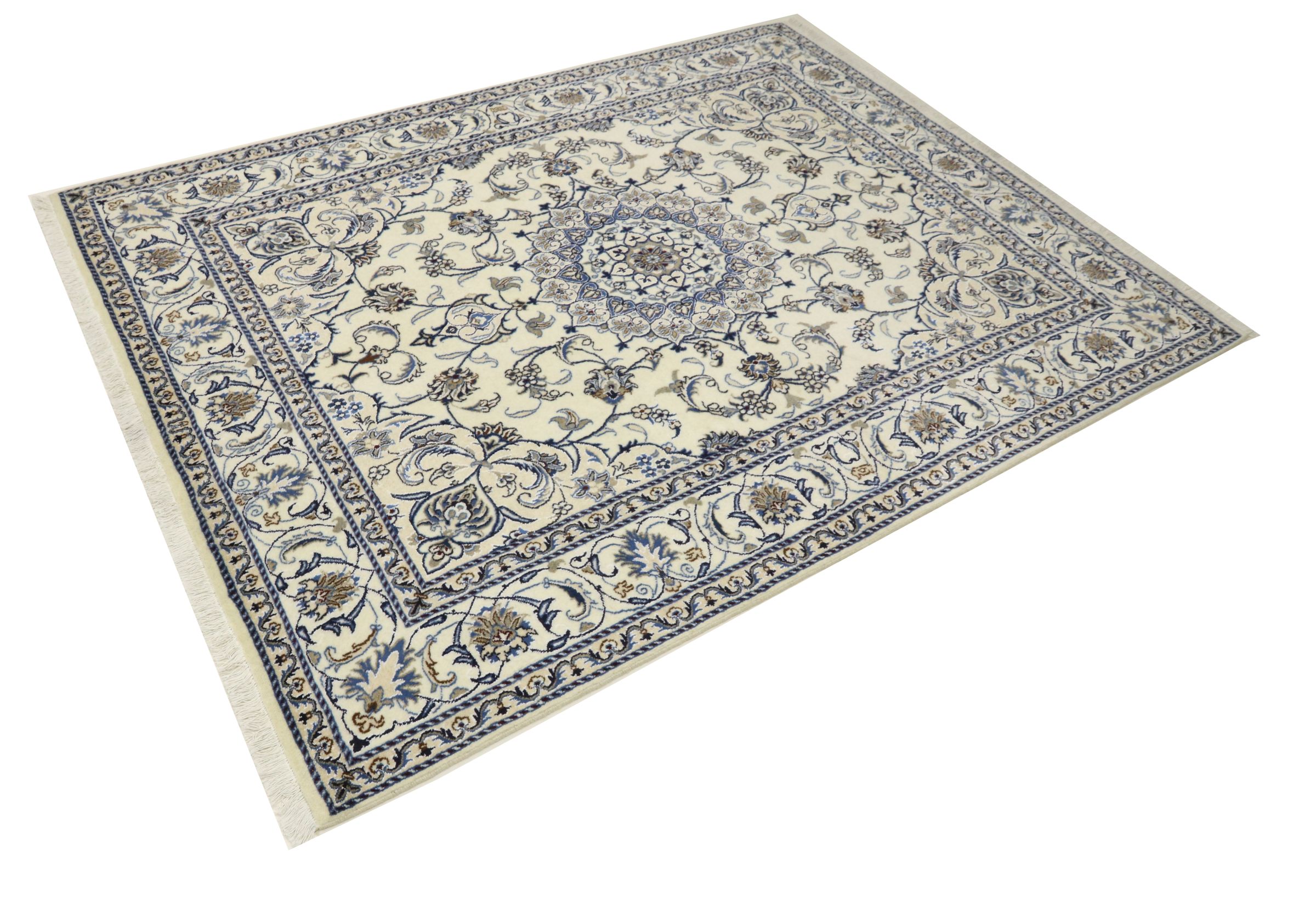Perserteppich Nain Kashmar 200x300 Handgeknüpft Weiß Medaillon Orientalisch UNIKAT
