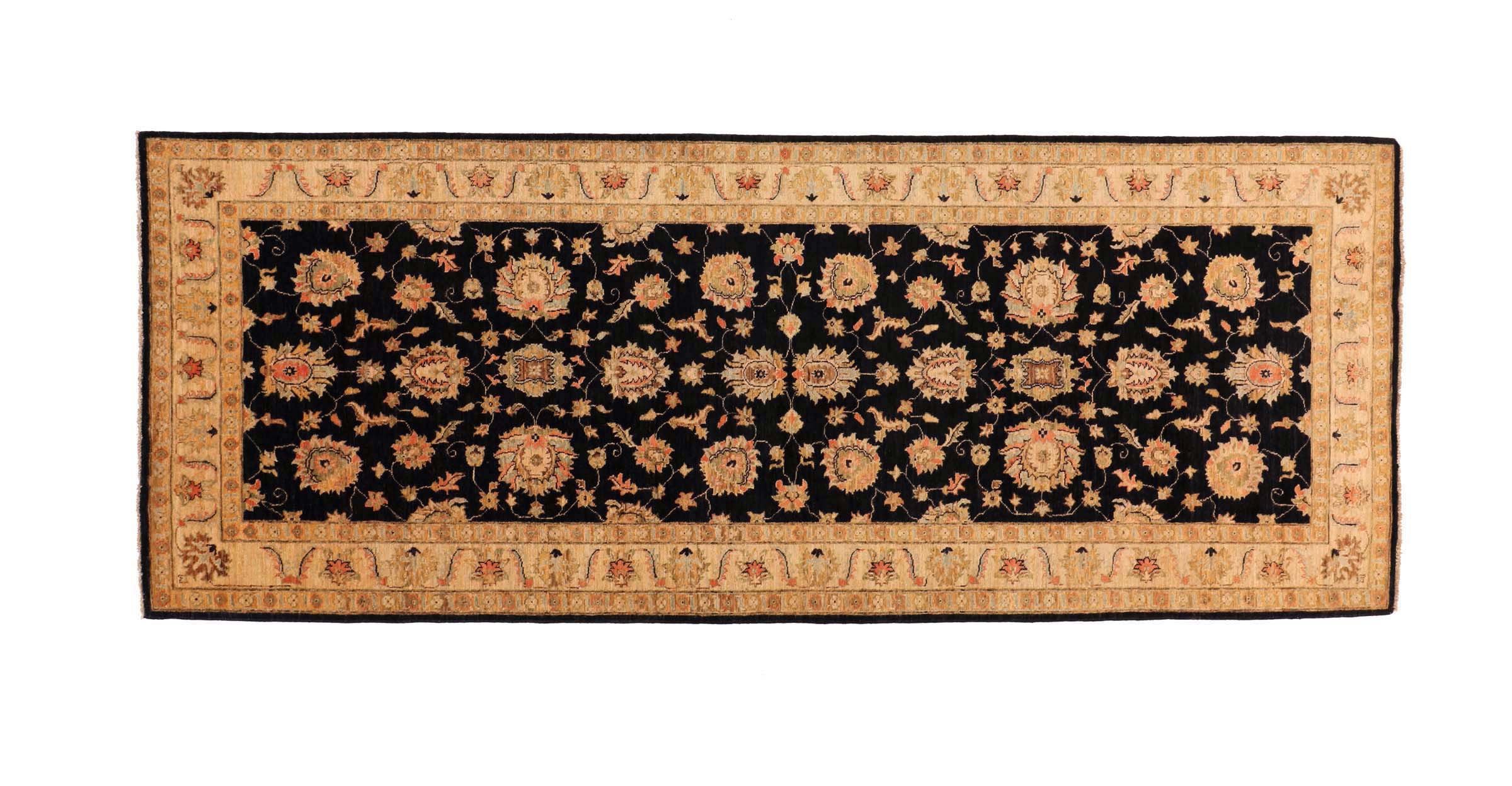 Chobi Ziegler Teppich 130x350 Handgeknüpft Läufer Schwarz Floral Orientalisch UNIKAT