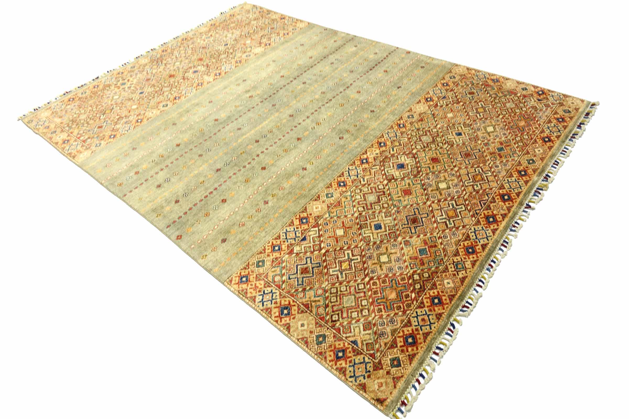 Afghan Khorjin Shaal 200x300 Handgeknüpft Orientteppich Grau Streifen Wolle