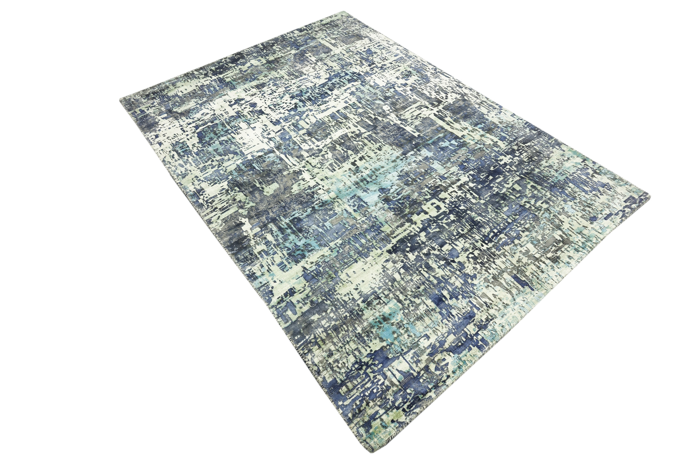 Handloom Vintage 220x160 Handgewebt Teppich 160x220 Blau Abstrakt Handarbeit Orient