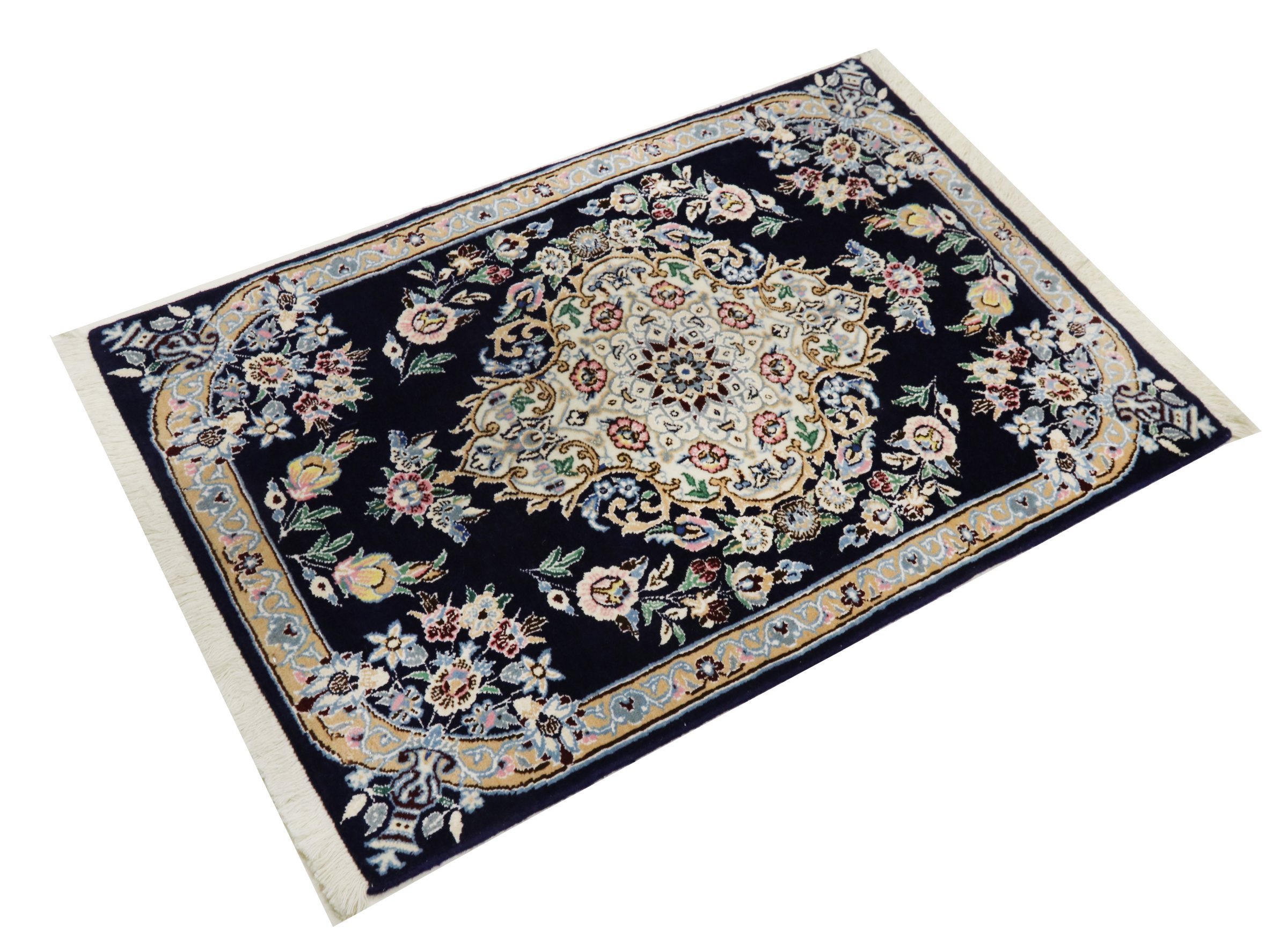 Perserteppich Nain 9LA 60x90 Handgeknüpft Dunkelblau Medaillon Orientalisch UNIKAT