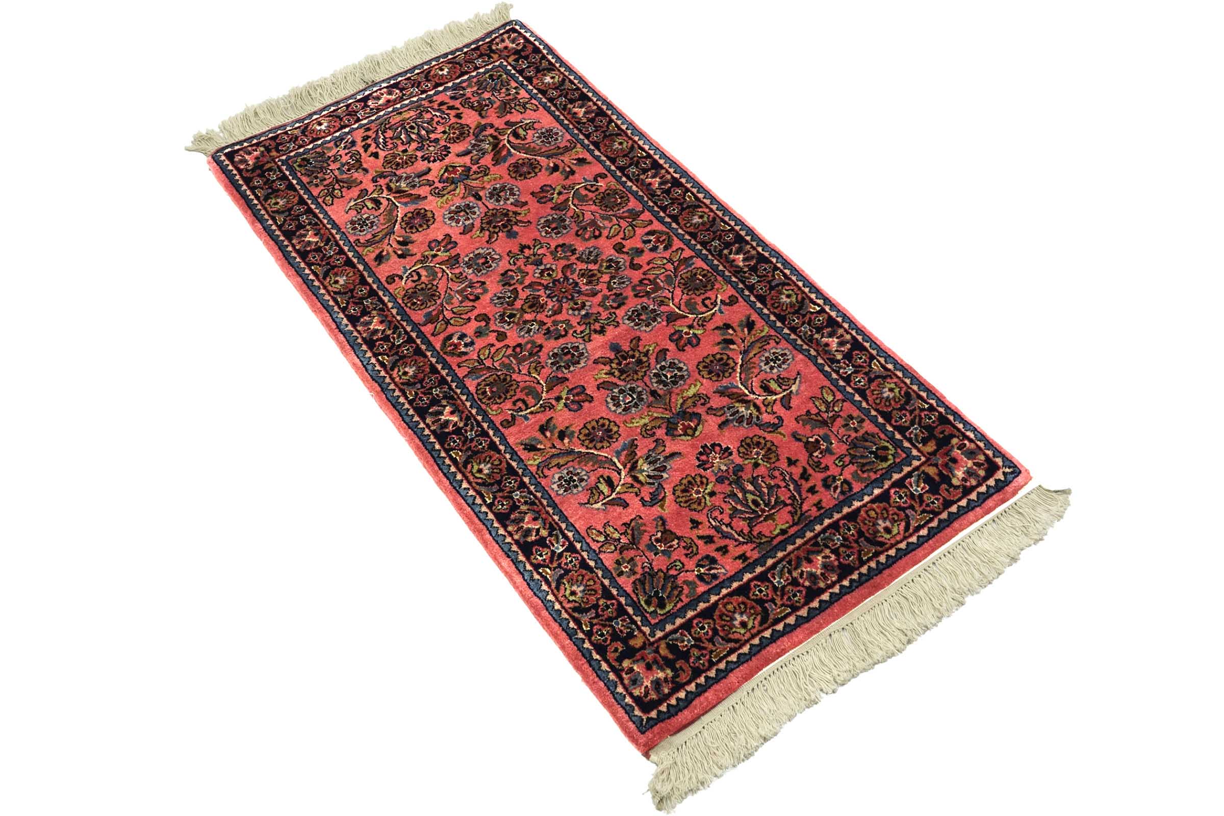 Sarough Teppich 70x140 Handgeknüpft Rosa Floral Wolle Kurzflor Rug