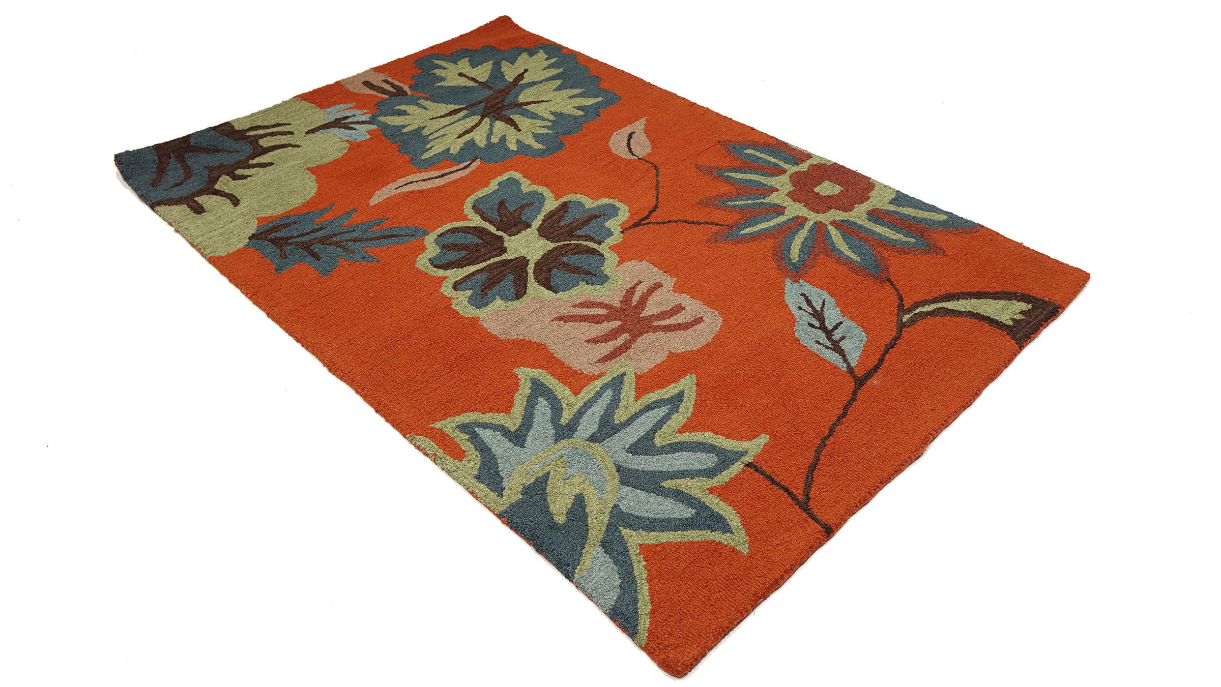 Handgefertigter Teppich Blumen Wolle in 120x180 160x230 Orange Floral Handarbeit