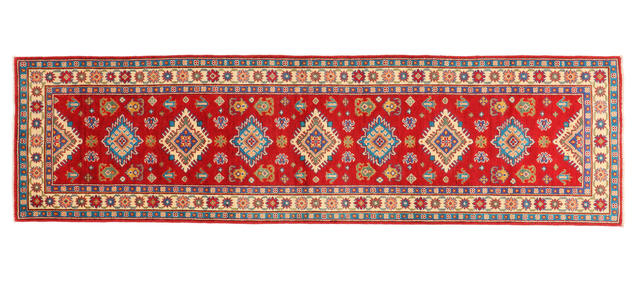 Kazak Teppich 80x300 Handgeknüpft Läufer rot Geometrisch Orientalisch UNIKAT Kurzflor