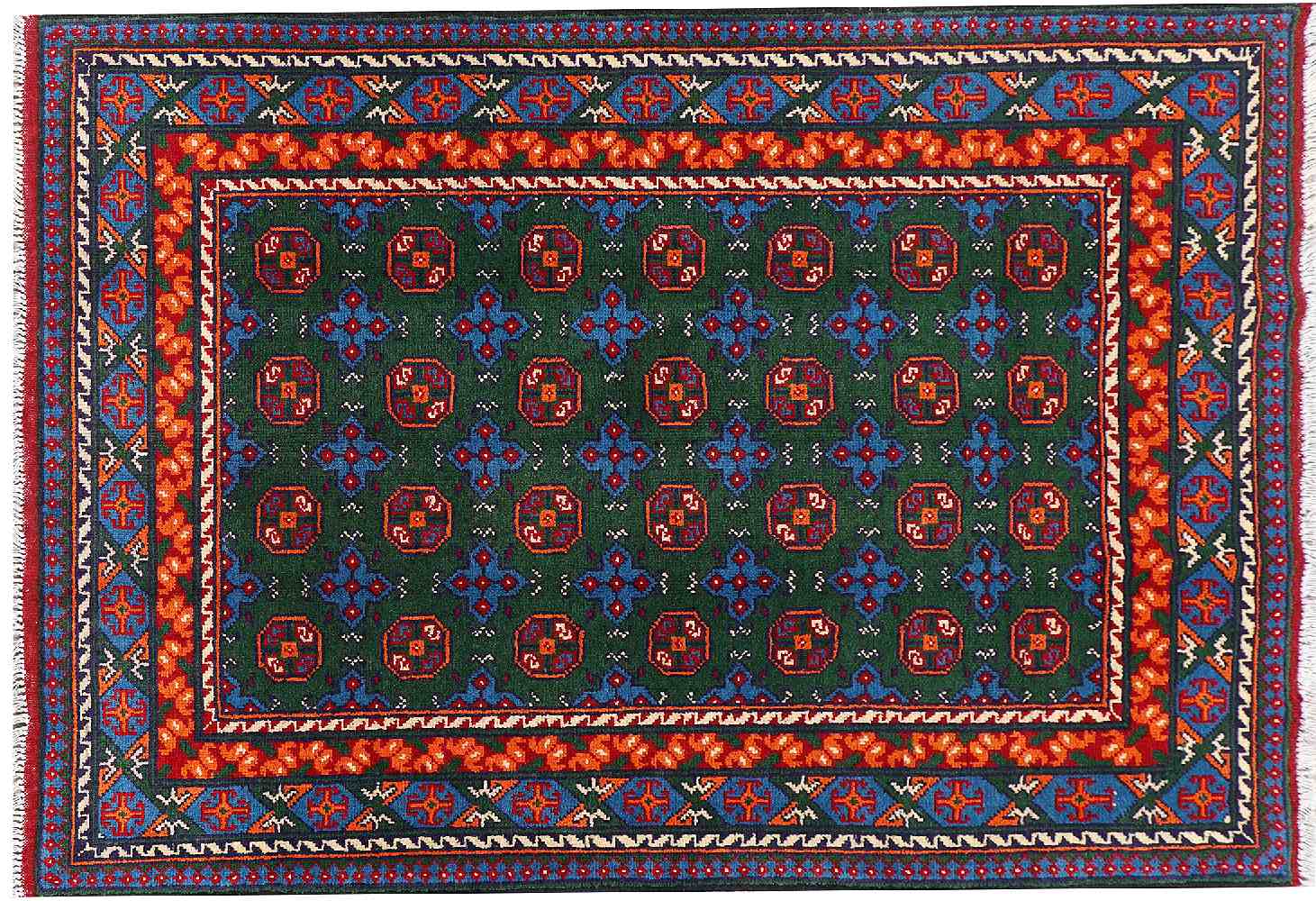 Afghan Akcha Rang Dar Teppich 120x180 Handgeknüpft Grün Durchgemustert Orient Kurzflor