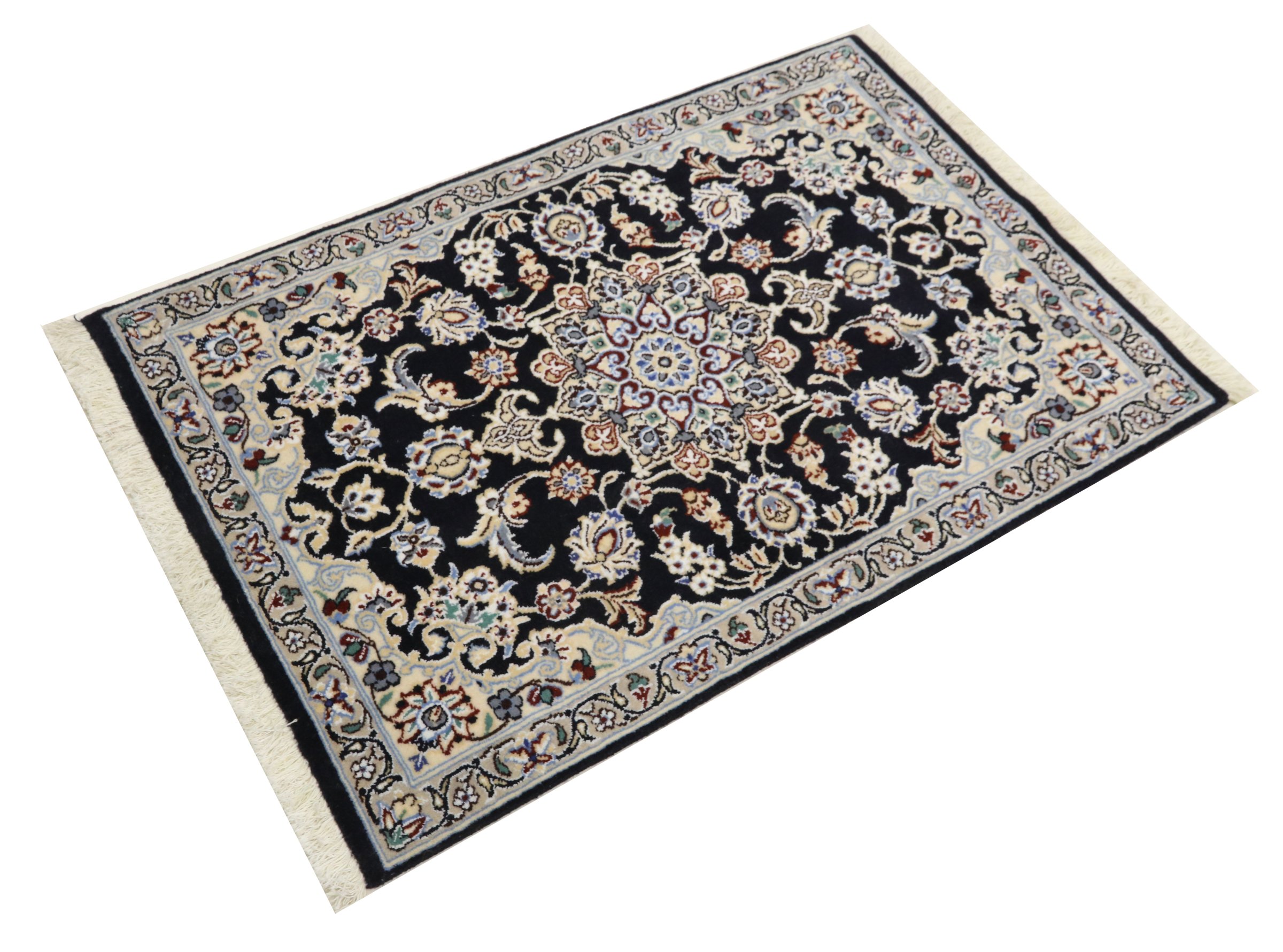 Persian carpet Nain 9LA 60x90 Hand-knotted Dark Blue Floral Oriental UNIKAT