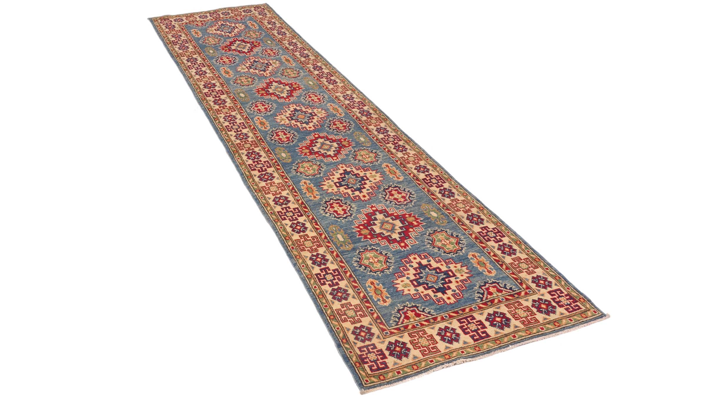 Kazak Teppich 80x300 Handgeknüpft Läufer Blau Geometrisch Orientalisch UNIKAT Kurzflor