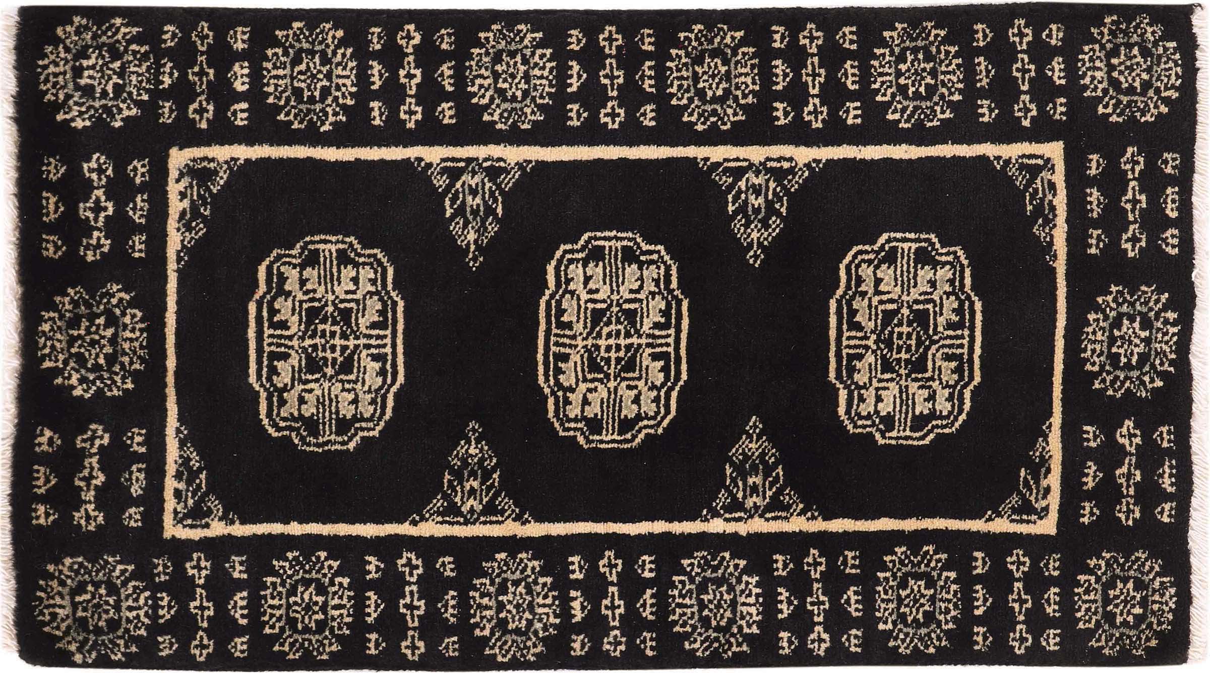 Pakistan Buchara 3ply Teppich 50x80 Handgeknüpft Schwarz Geometrisch Orient Kurzflor