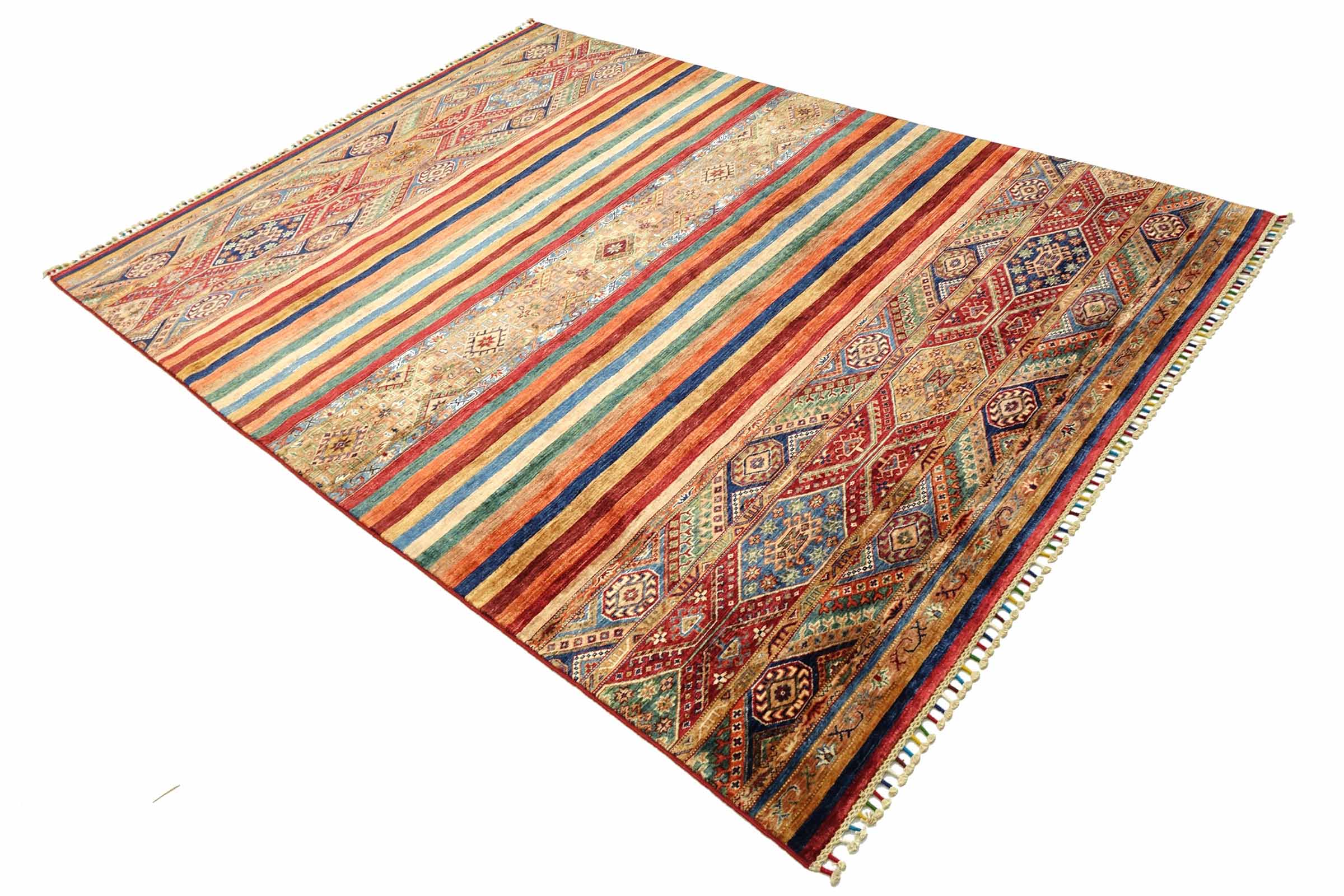 Afghan Khorjin Shaal 200x300 Handgeknüpft Orientteppich Rot Streifen Wolle