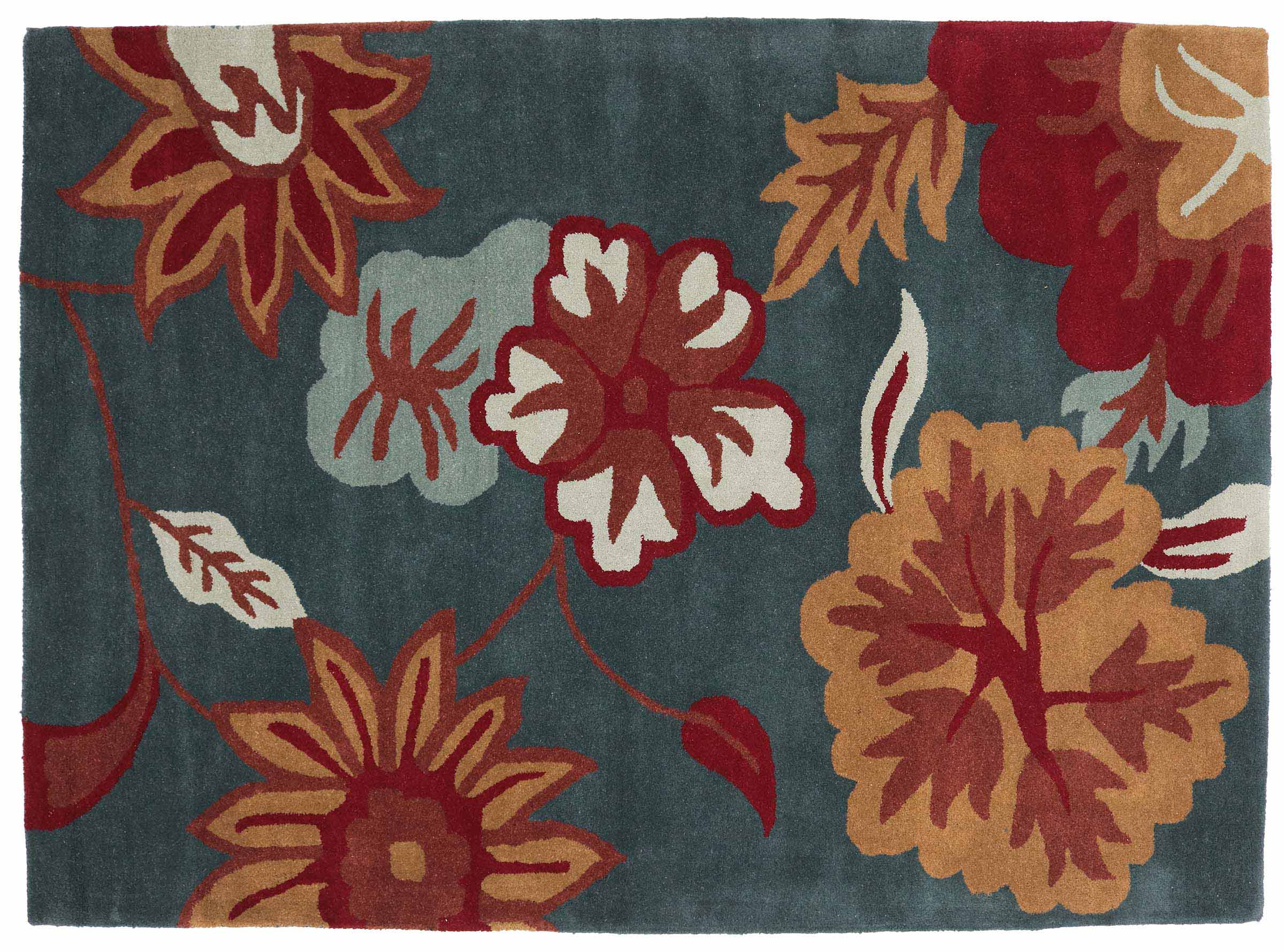 Handgefertigter Teppich Blüte 160x230 Blau Floral Handarbeit Handtuft Modern