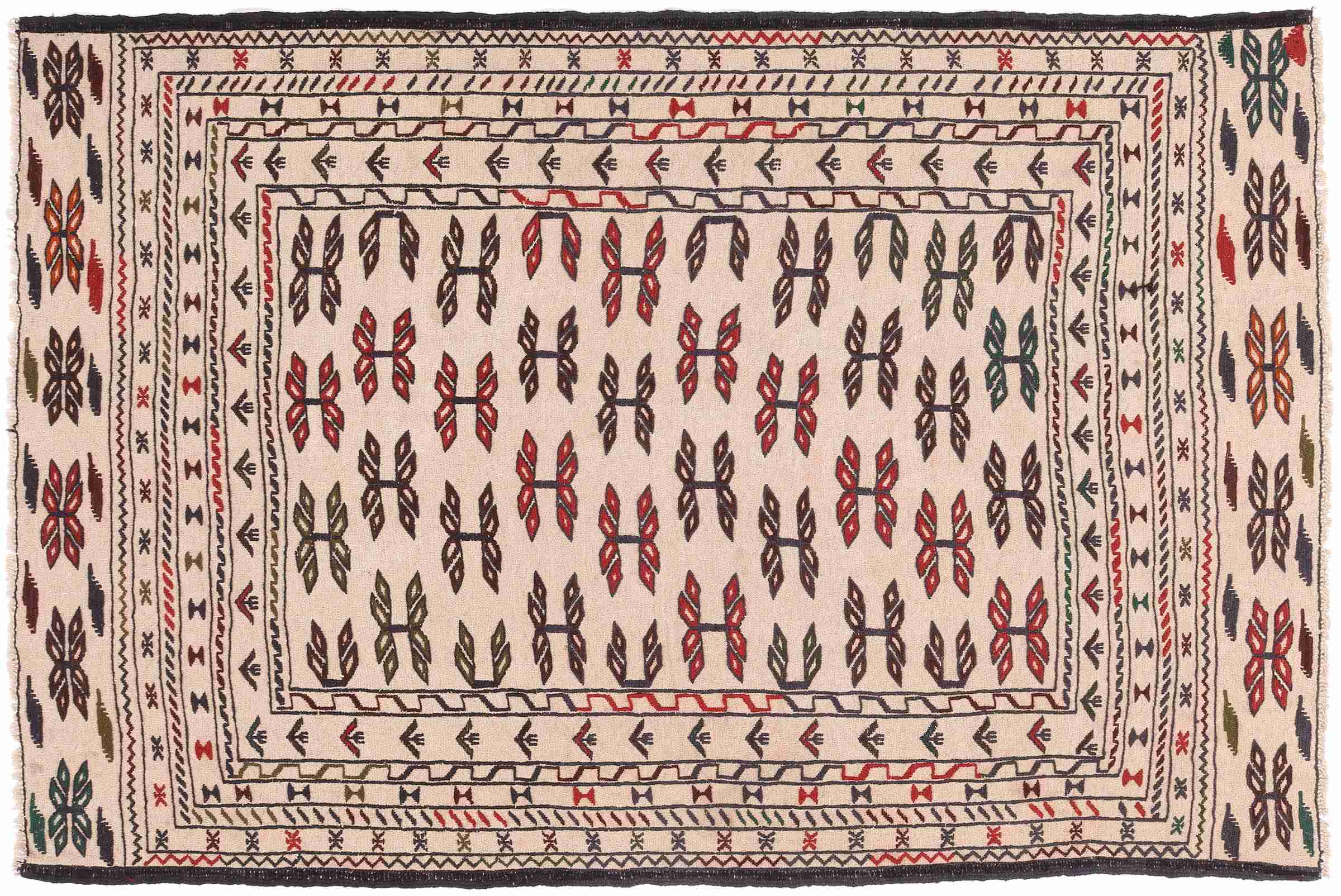 Afghan Kelim Gol Barjasta Teppich 140x200 Handgewebt Beige Geometrisch Handarbeit