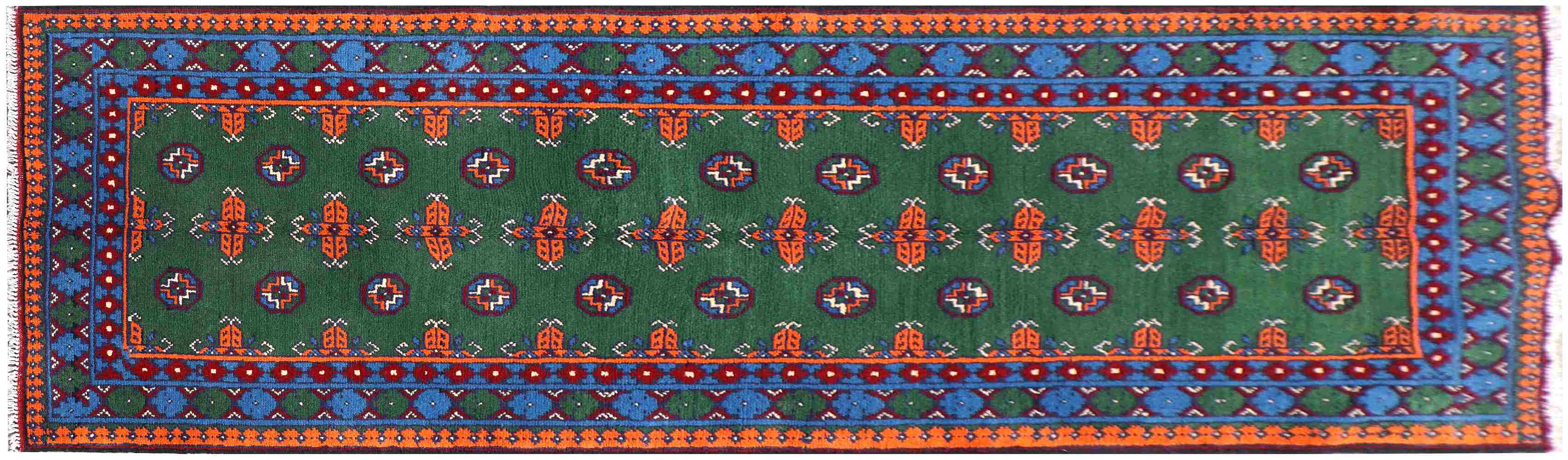 Afghan Akcha Rang Dar Teppich 80x300 Handgeknüpft Läufer Grün Durchgemustert Orient