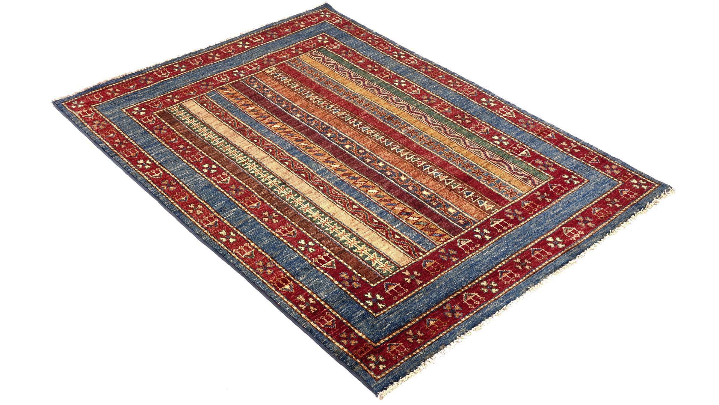 Afghan Khorjin Shaal Teppich 100x150 Handgeknüpft Blau Streifen Orient Kurzflor