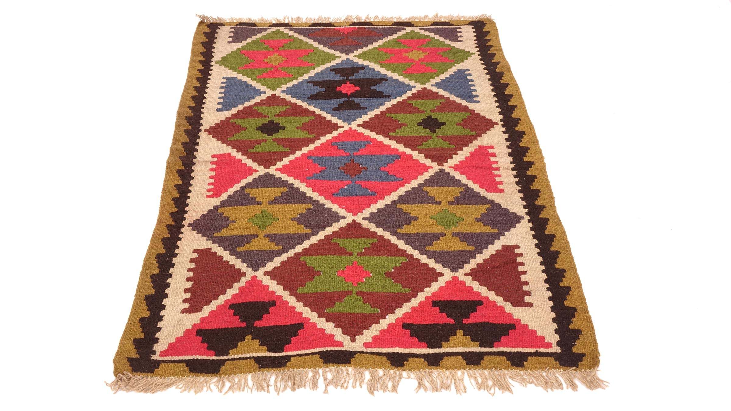 Perserteppich Kelim Ardebil 100x150 Handgewebt Gold Geometrisch Handarbeit Zimmer