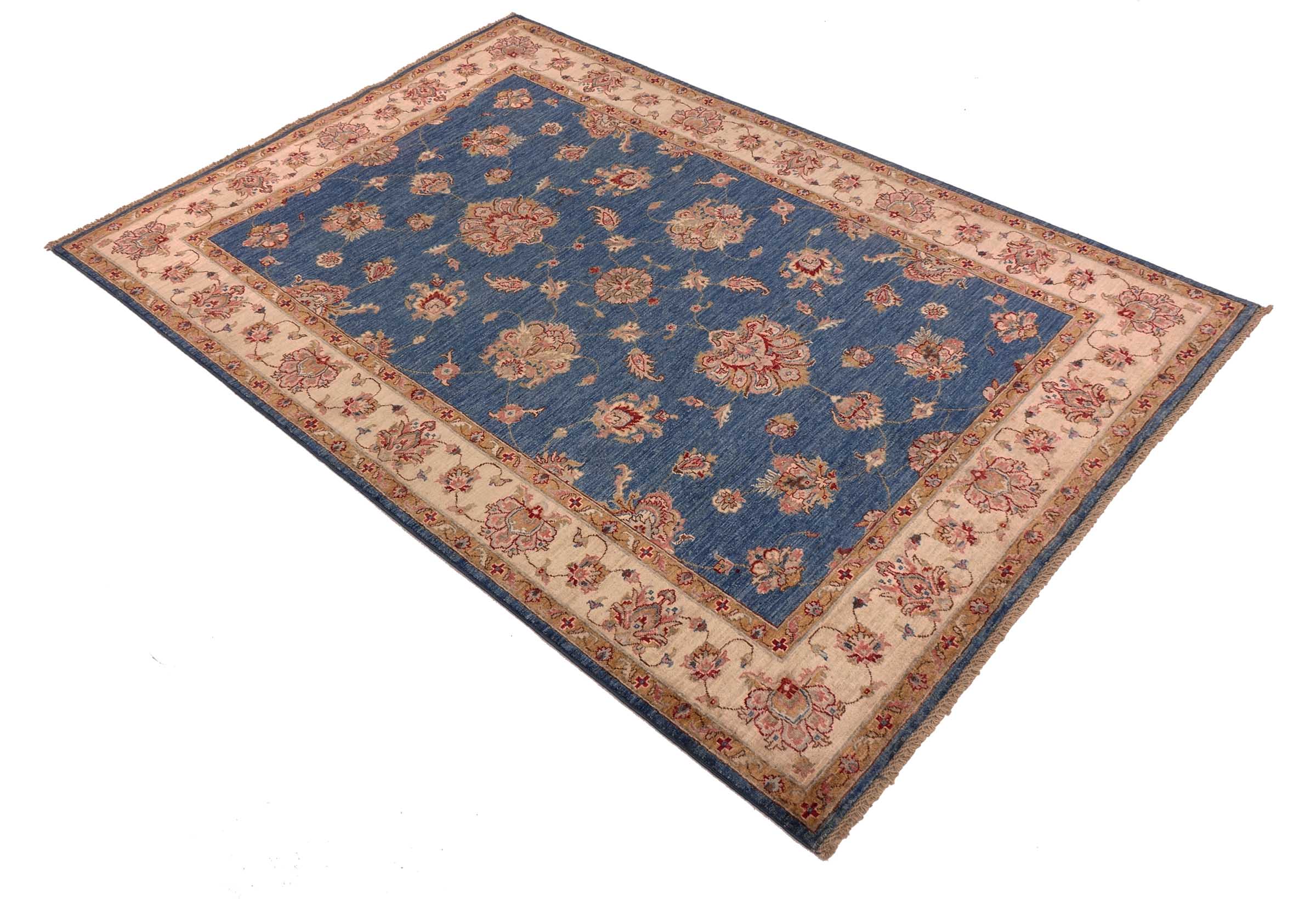 Chobi Ziegler Teppich 170x240 Handgeknüpft Blau Floral Orientalisch UNIKAT Kurzflor