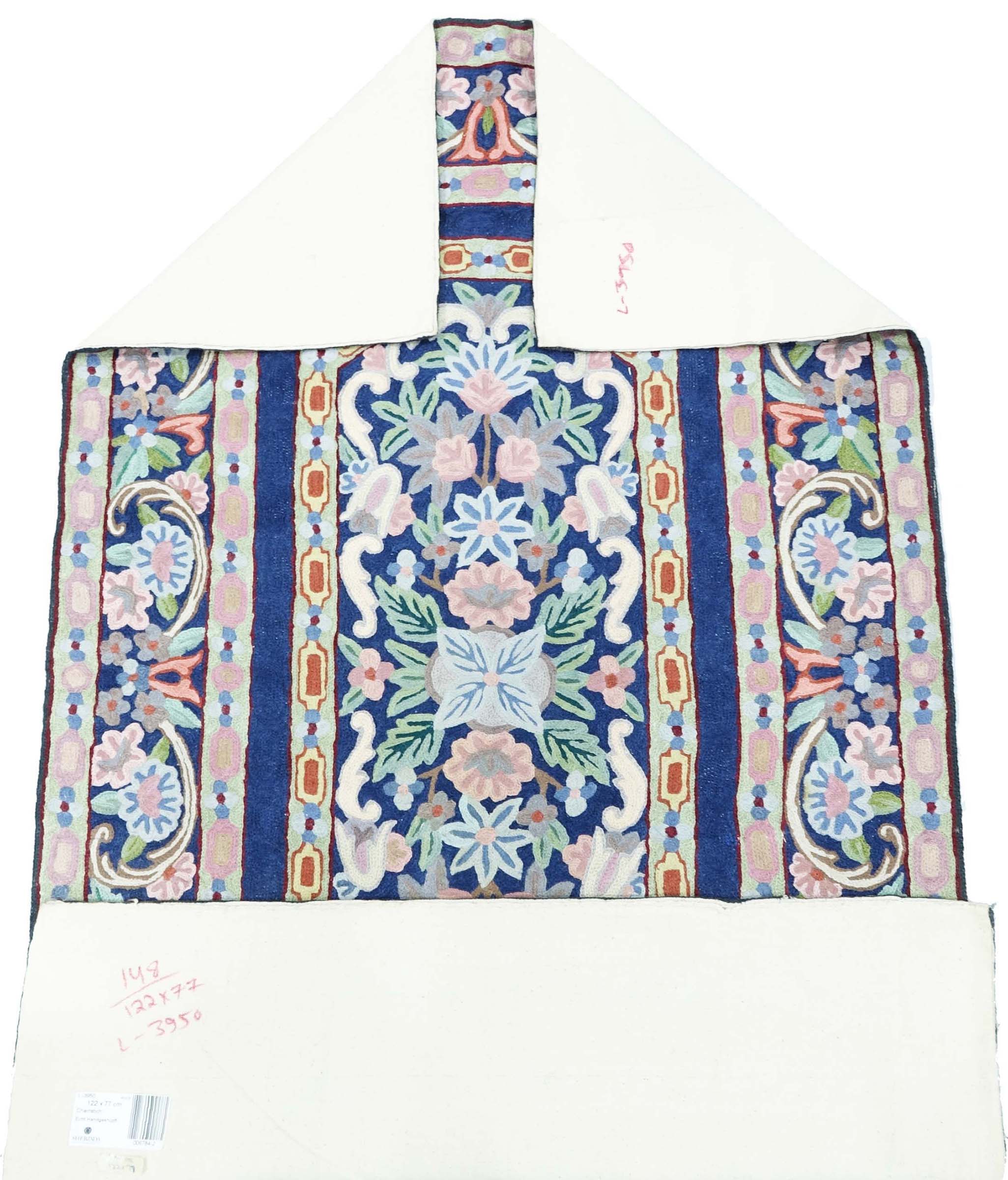 Chainstitch Kettenstich Teppich 80x120 Handgewebt Blau Blumenmuster Handarbeit Gewebt