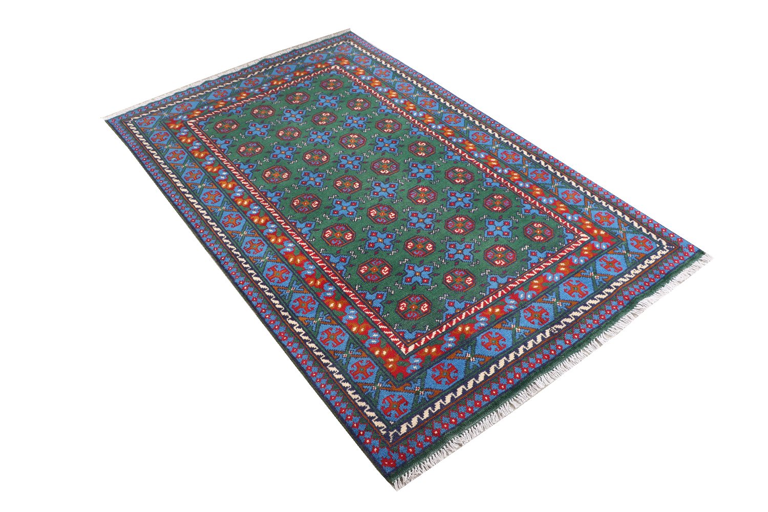 Afghan Akcha Rang Dar Teppich 120x180 Handgeknüpft Grün Durchgemustert Orient Kurzflor