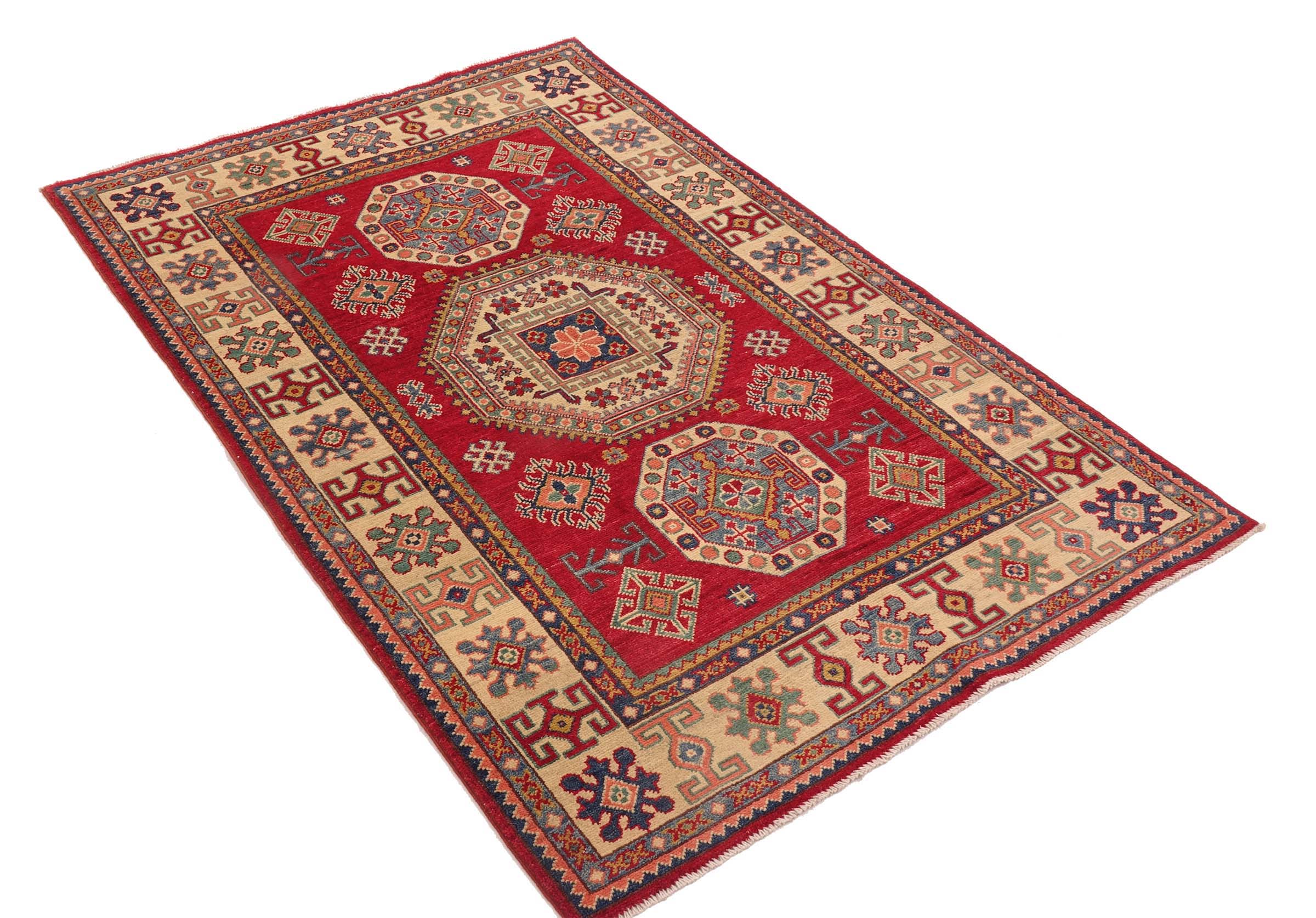 Kazak Teppich 120x180 Handgeknüpft Rosa Geometrisch Orientalisch UNIKAT Kurzflor
