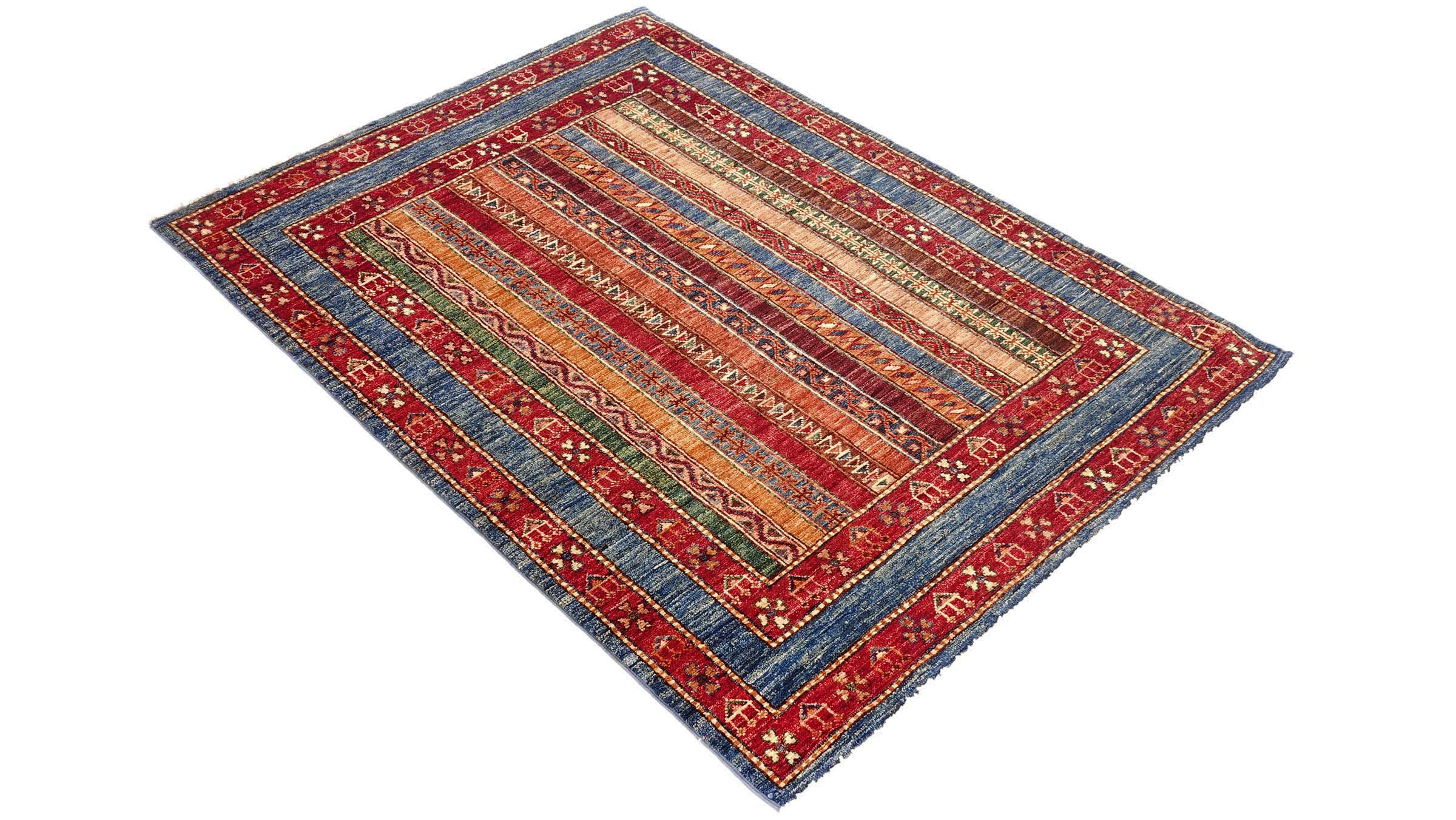 Afghan Khorjin Shaal Teppich 100x150 Handgeknüpft Blau Streifen Orient Kurzflor
