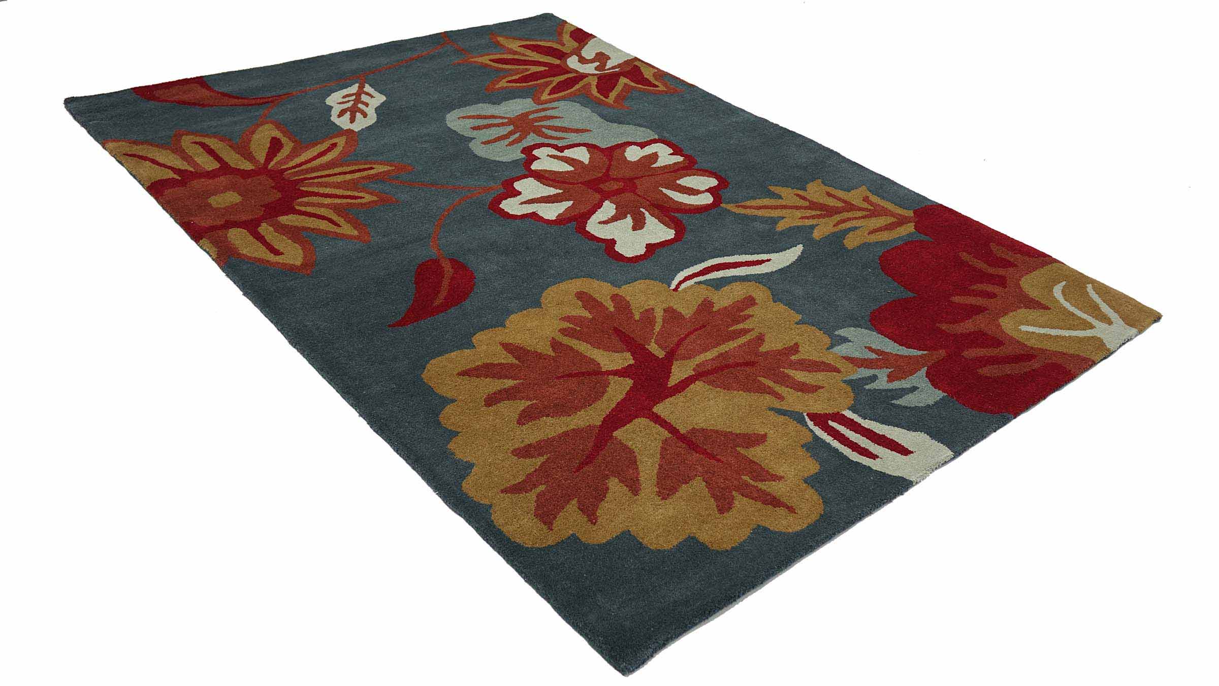 Handgefertigter Teppich Blüte 160x230 Blau Floral Handarbeit Handtuft Modern