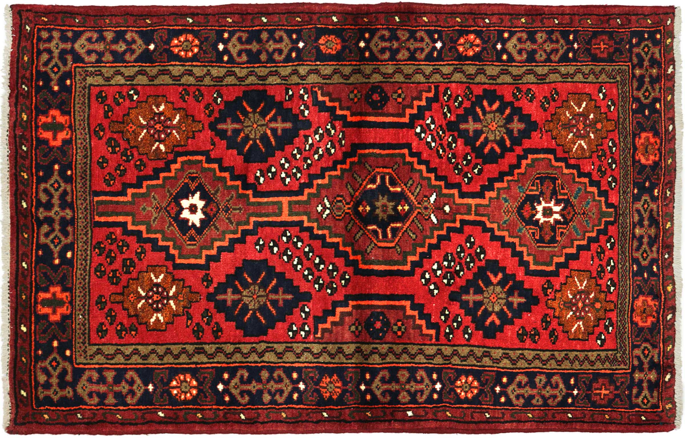 Perser Hamadan 100x140 Handgeknüpft Orientteppich Rot Umrandung Wolle Kurzflor