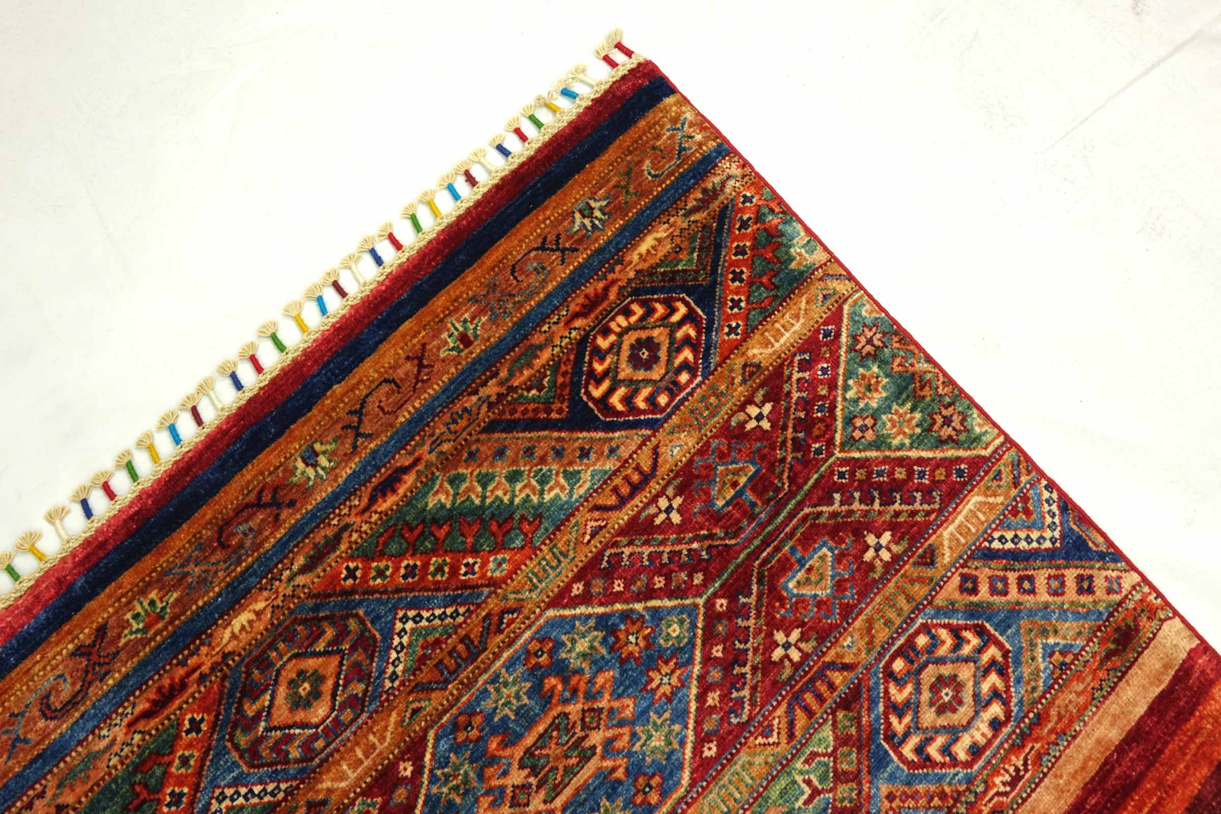 Afghan Khorjin Shaal 200x300 Handgeknüpft Orientteppich Rot Streifen Wolle