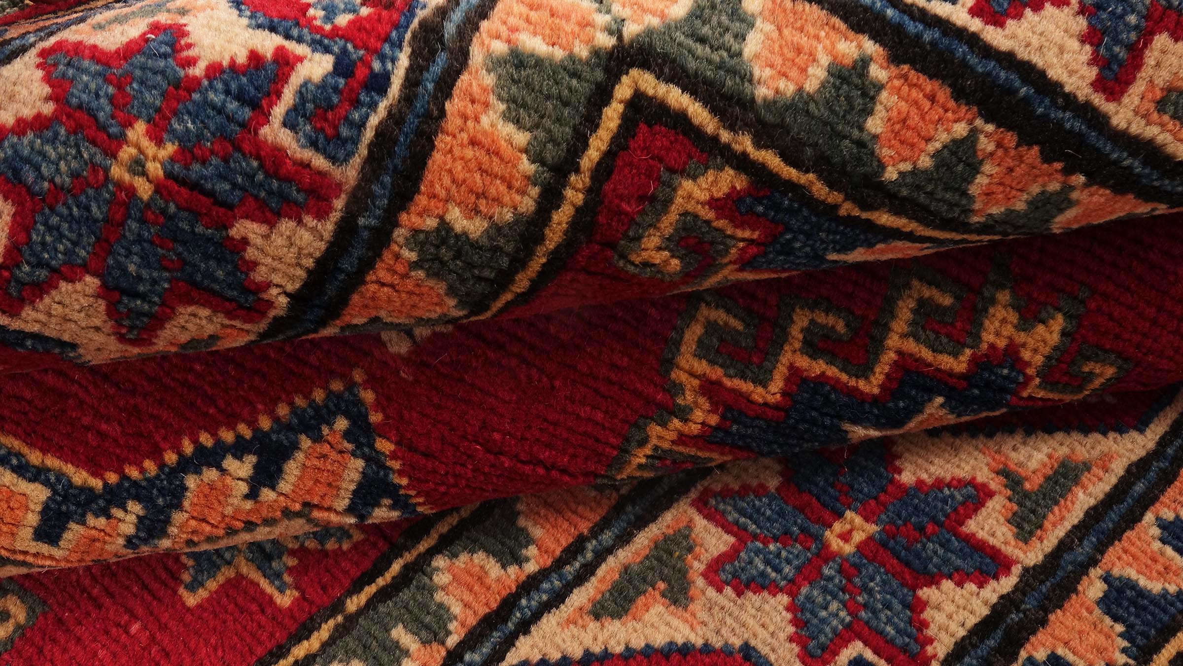 Kazak Teppich 80x240 Handgeknüpft Läufer rot Geometrisch Orientalisch UNIKAT Kurzflor