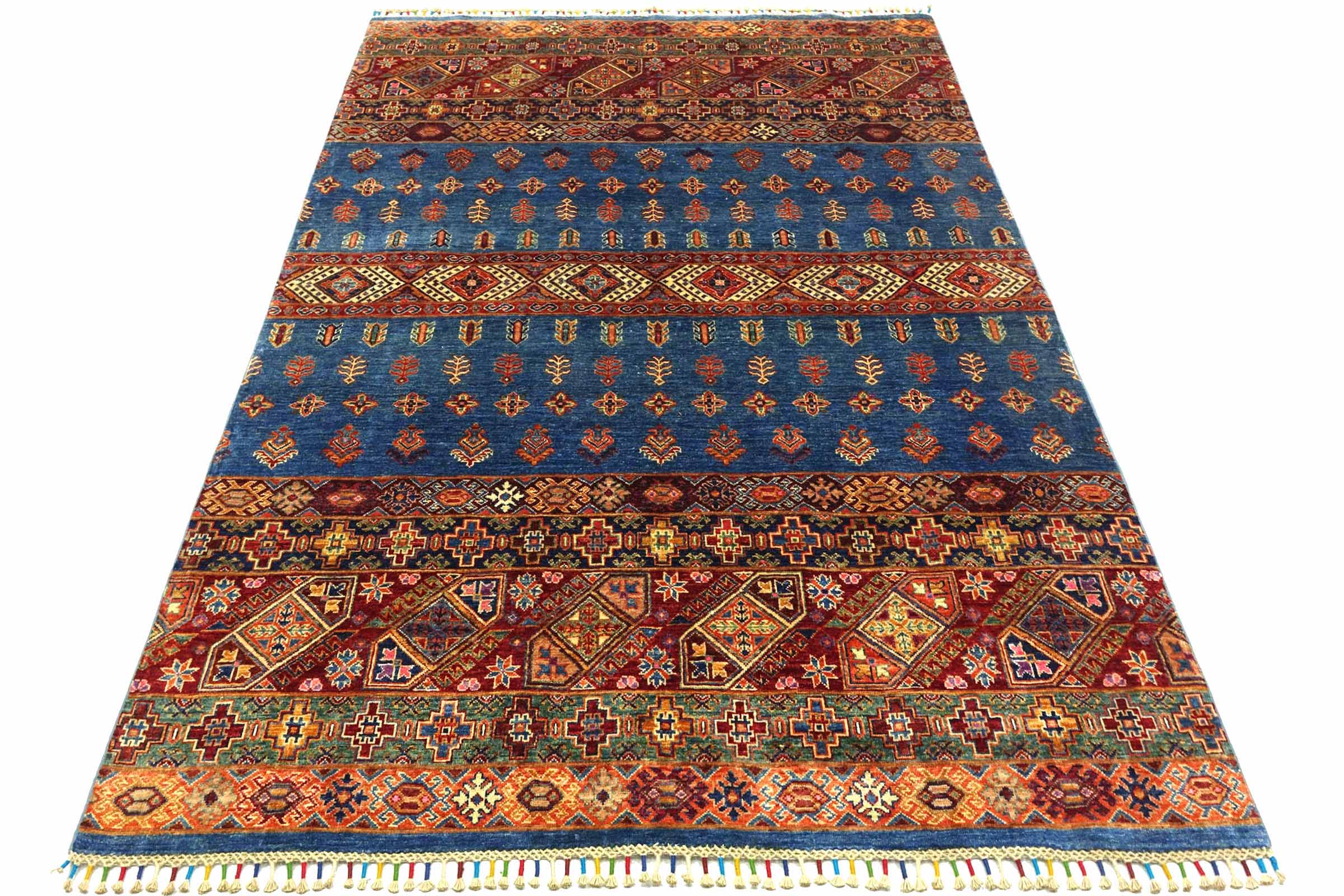 Afghan Khorjin Shaal 170x240 Handgeknüpft Orientteppich Blau Streifen Wolle