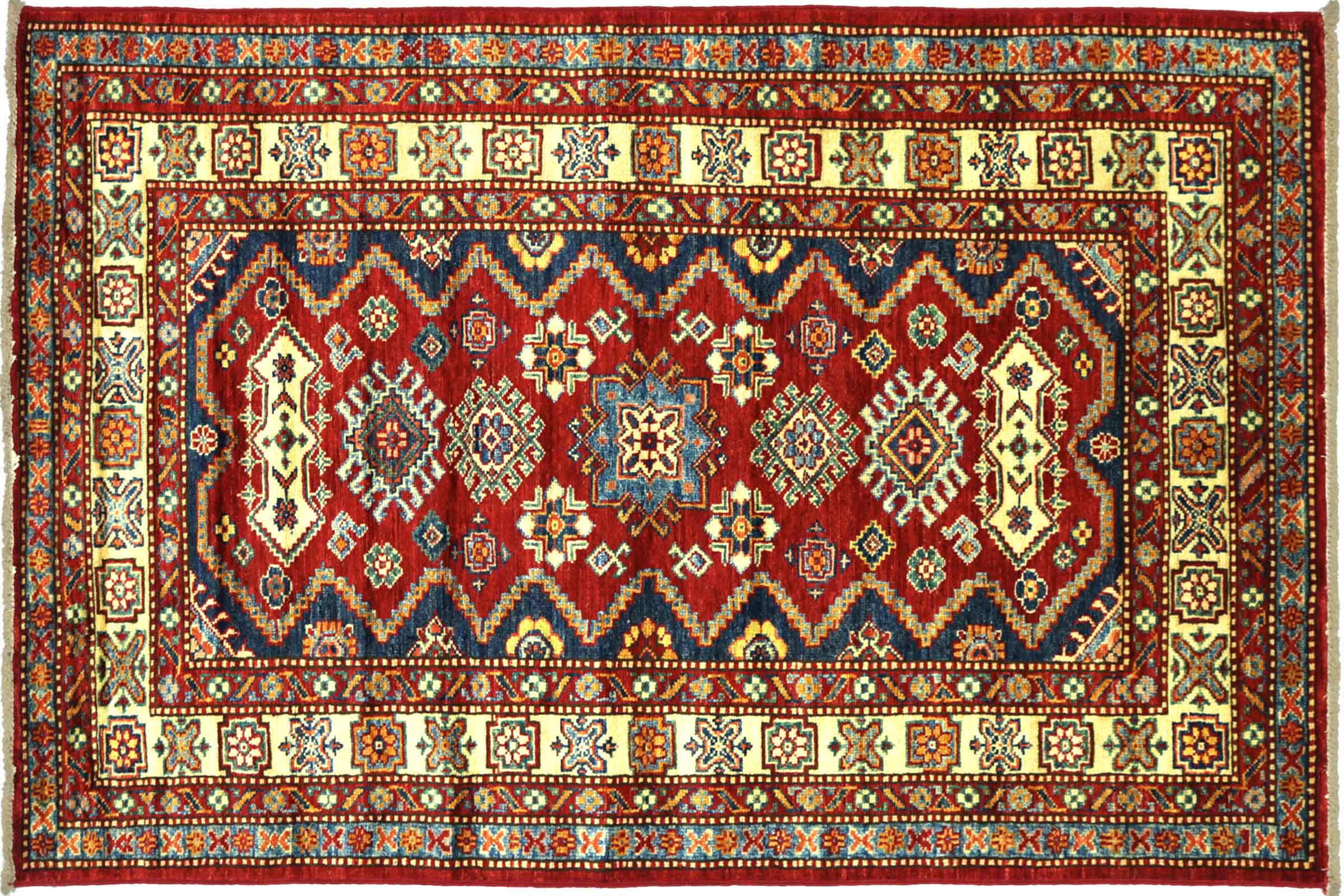 Afghan Kazak Fein 100x150 Handgeknüpft Orientteppich Rot Umrandung Wolle