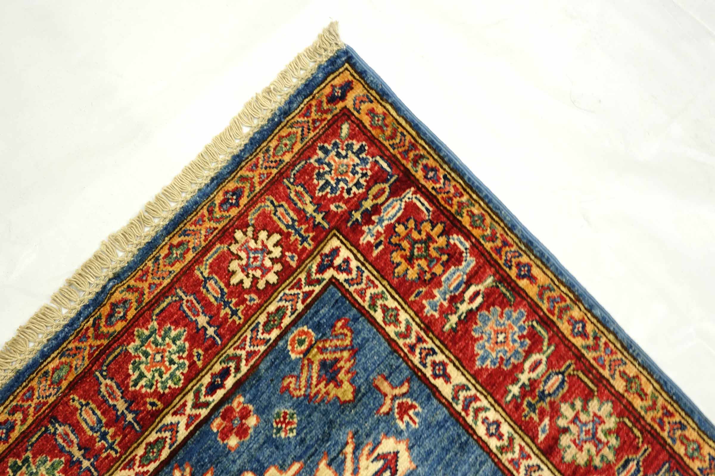 Afghan Kazak Fein 100x150 Handgeknüpft Orientteppich Blau Umrandung Wolle