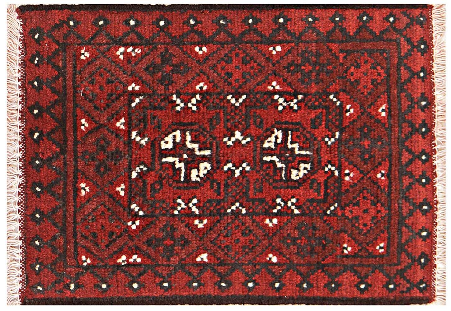 Afghan Aqcha Poshti Teppich 40x60 Handgeknüpft Rot Geometrisch Orient Kurzflor
