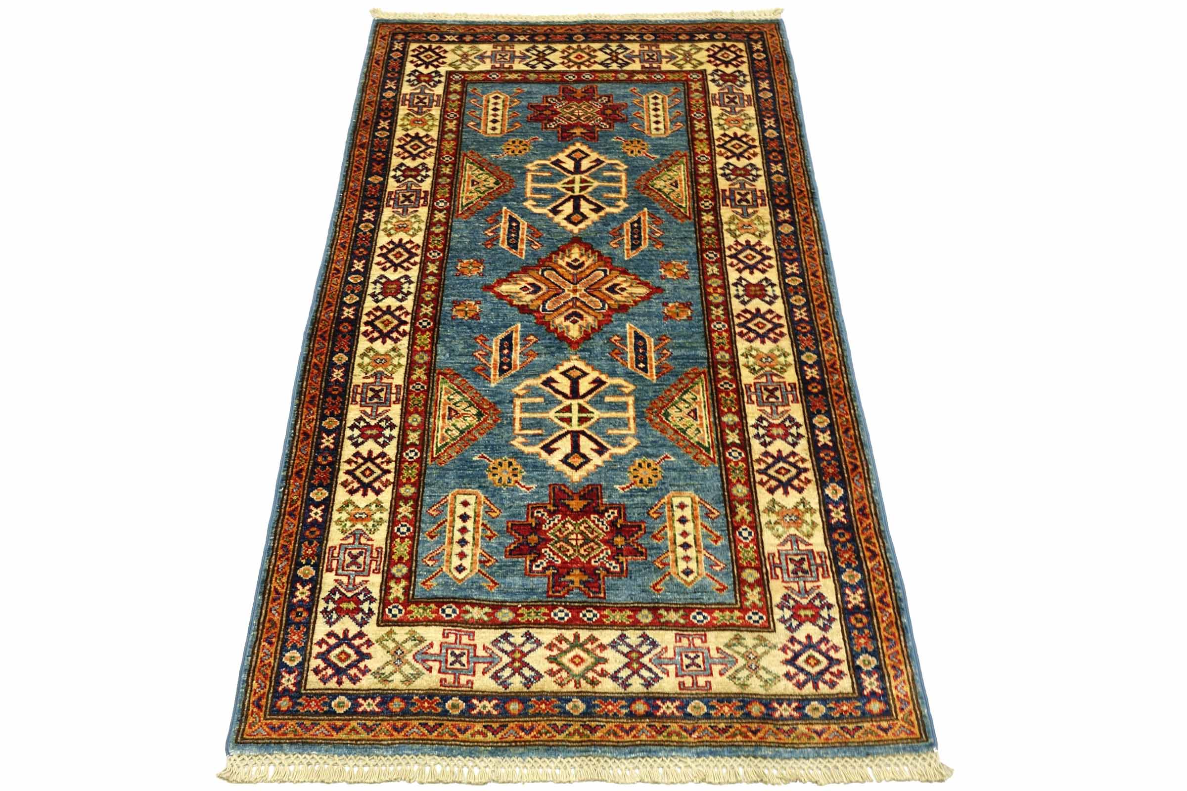 Afghan Kazak Fein 100x150 Handgeknüpft Orientteppich Blau Umrandung Wolle