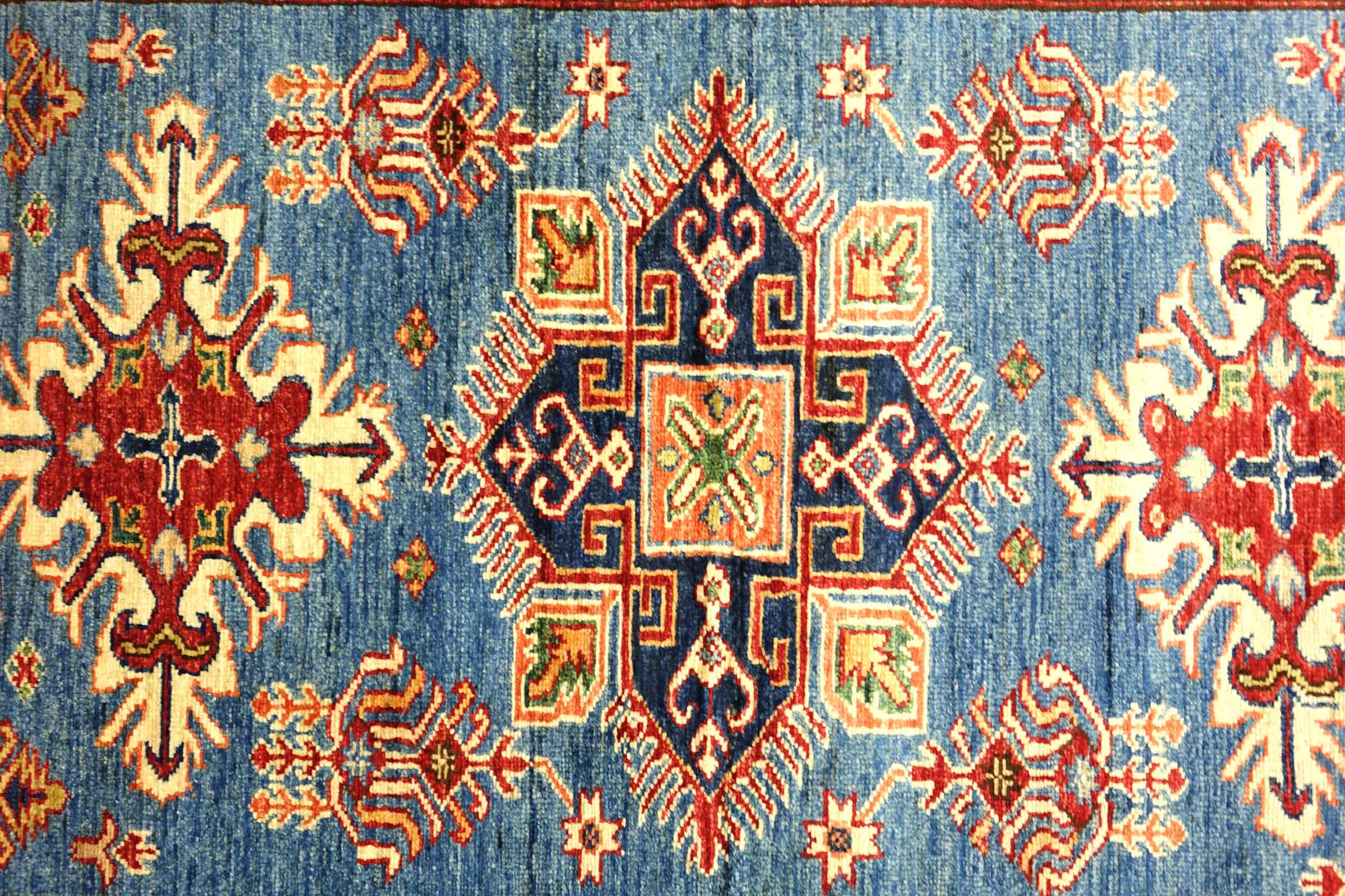 Afghan Kazak Fein 100x150 Handgeknüpft Orientteppich Blau Umrandung Wolle